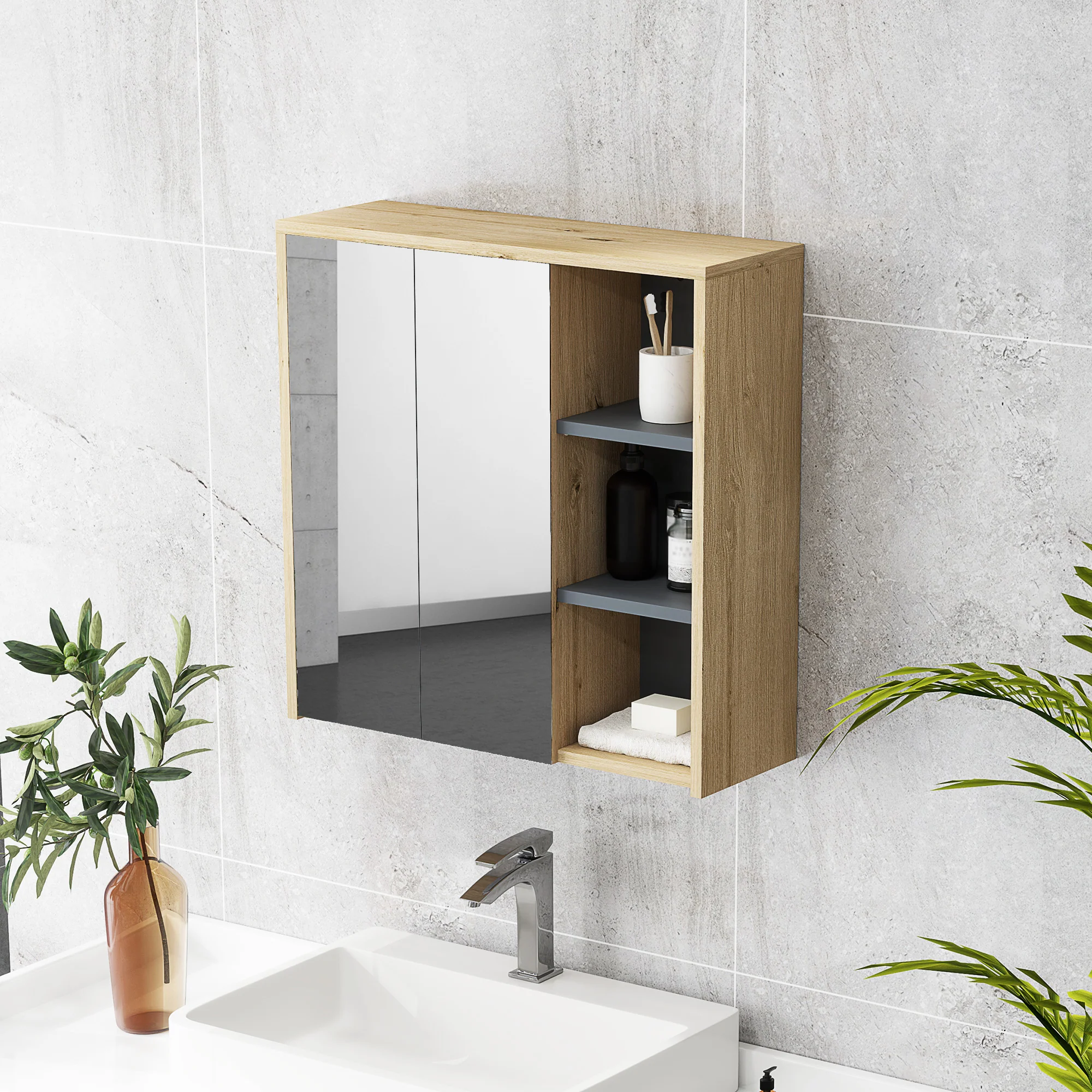 HOMCOM Bathroom Cabinet Wall Mounted Mirror Storage With Shelves Natural - Image 8