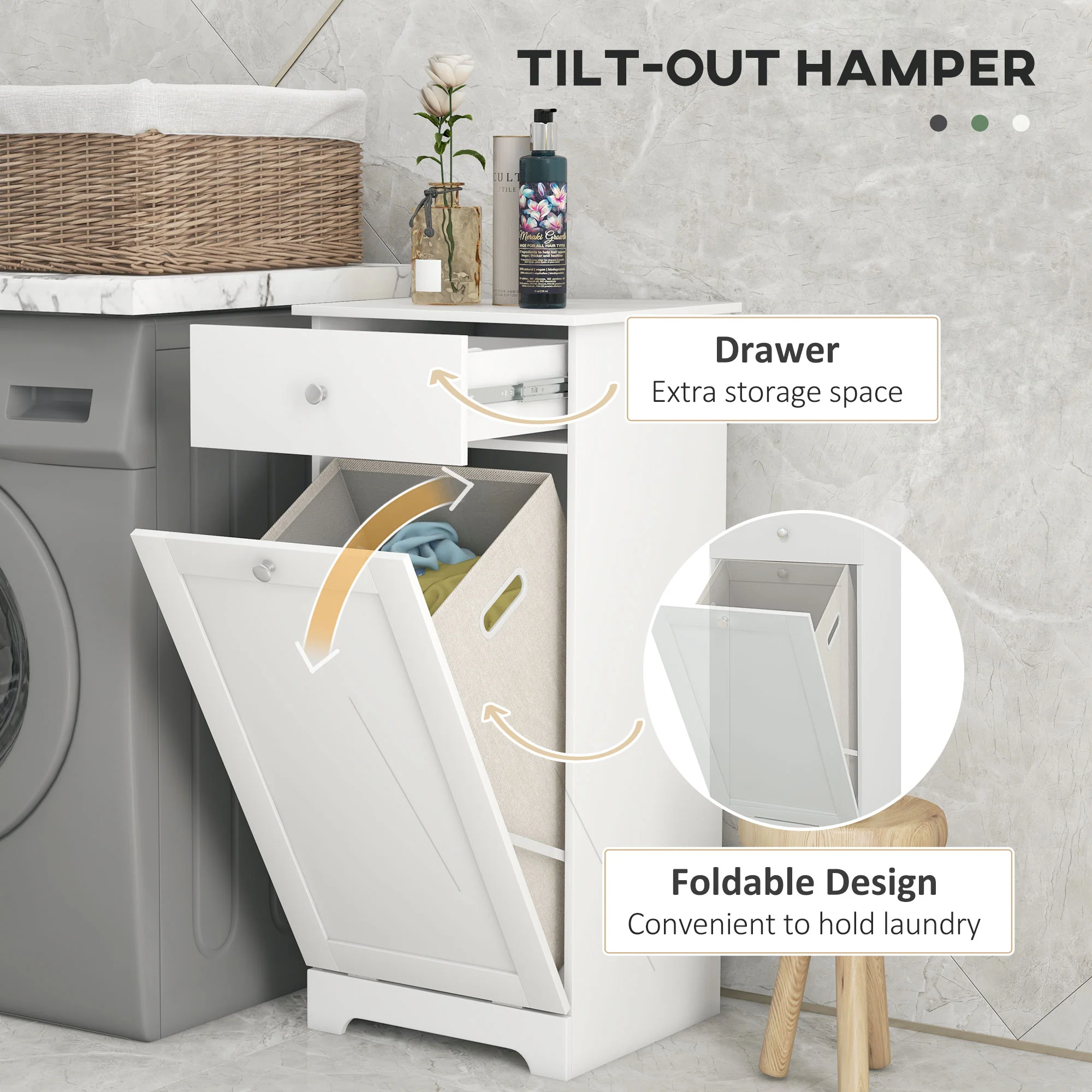 HOMCOM Bathroom Cabinet With Folding Laundry Hamper And Drawer, White - Image 3