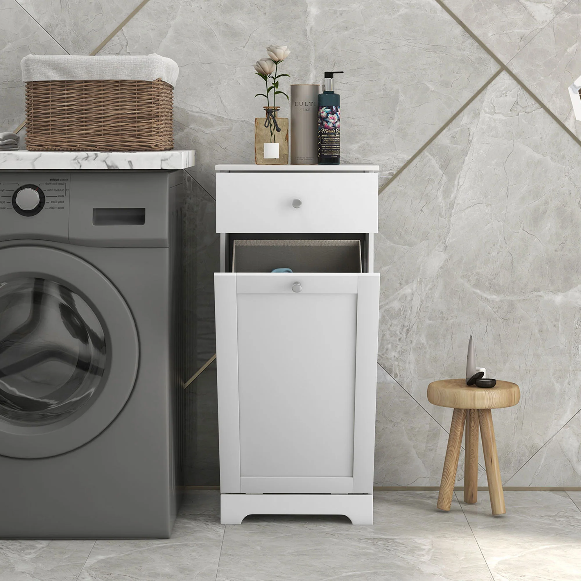 HOMCOM Bathroom Cabinet With Folding Laundry Hamper And Drawer, White - Image 7