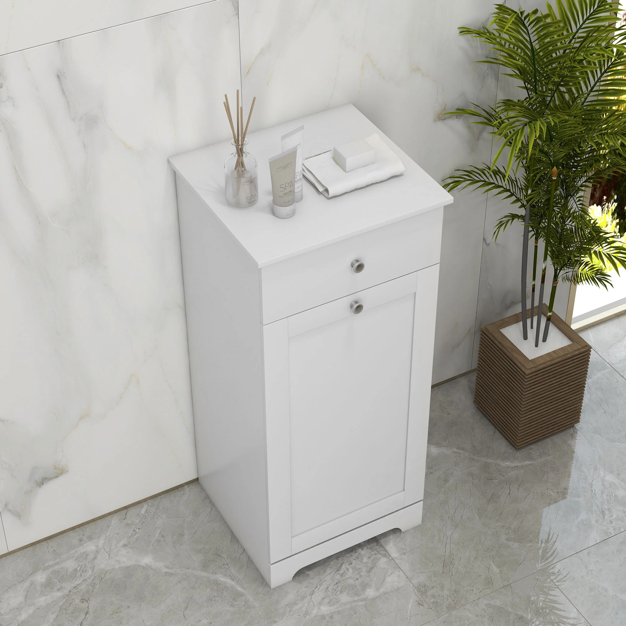 HOMCOM Bathroom Cabinet With Folding Laundry Hamper And Drawer, White - Image 8