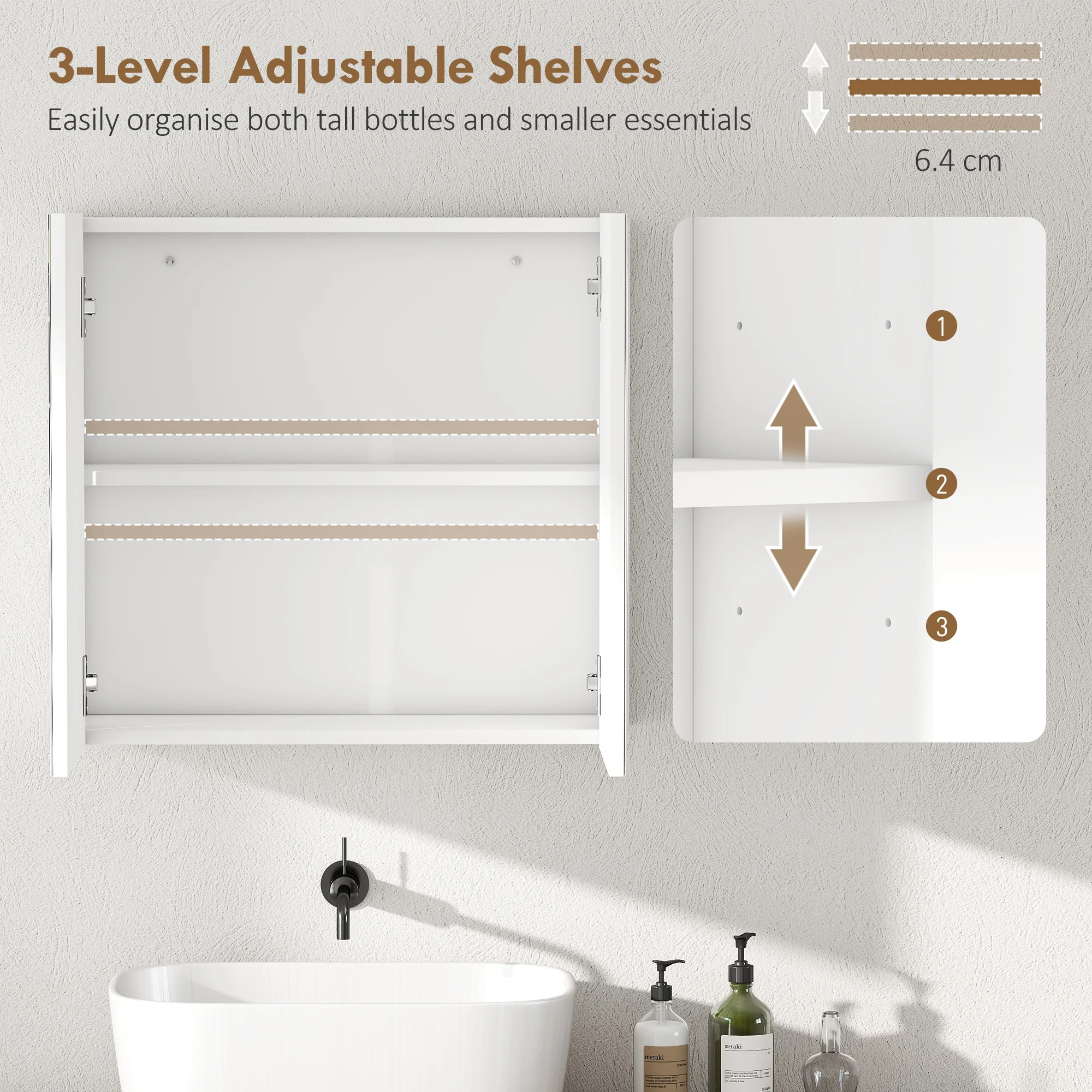 HOMCOM Bathroom Mirror Cabinet with 2 Doors and Adjustable Shelf, White - Image 4