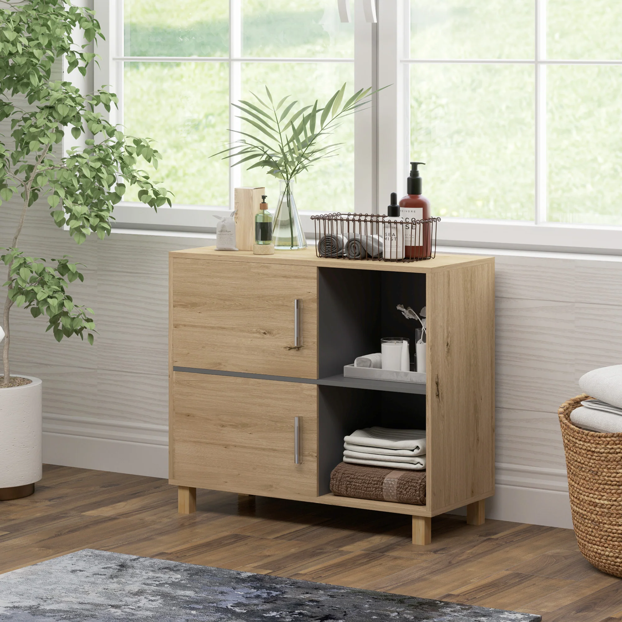 HOMCOM Bathroom Storage Cabinet With Open Compartments And Double Doors - Image 2