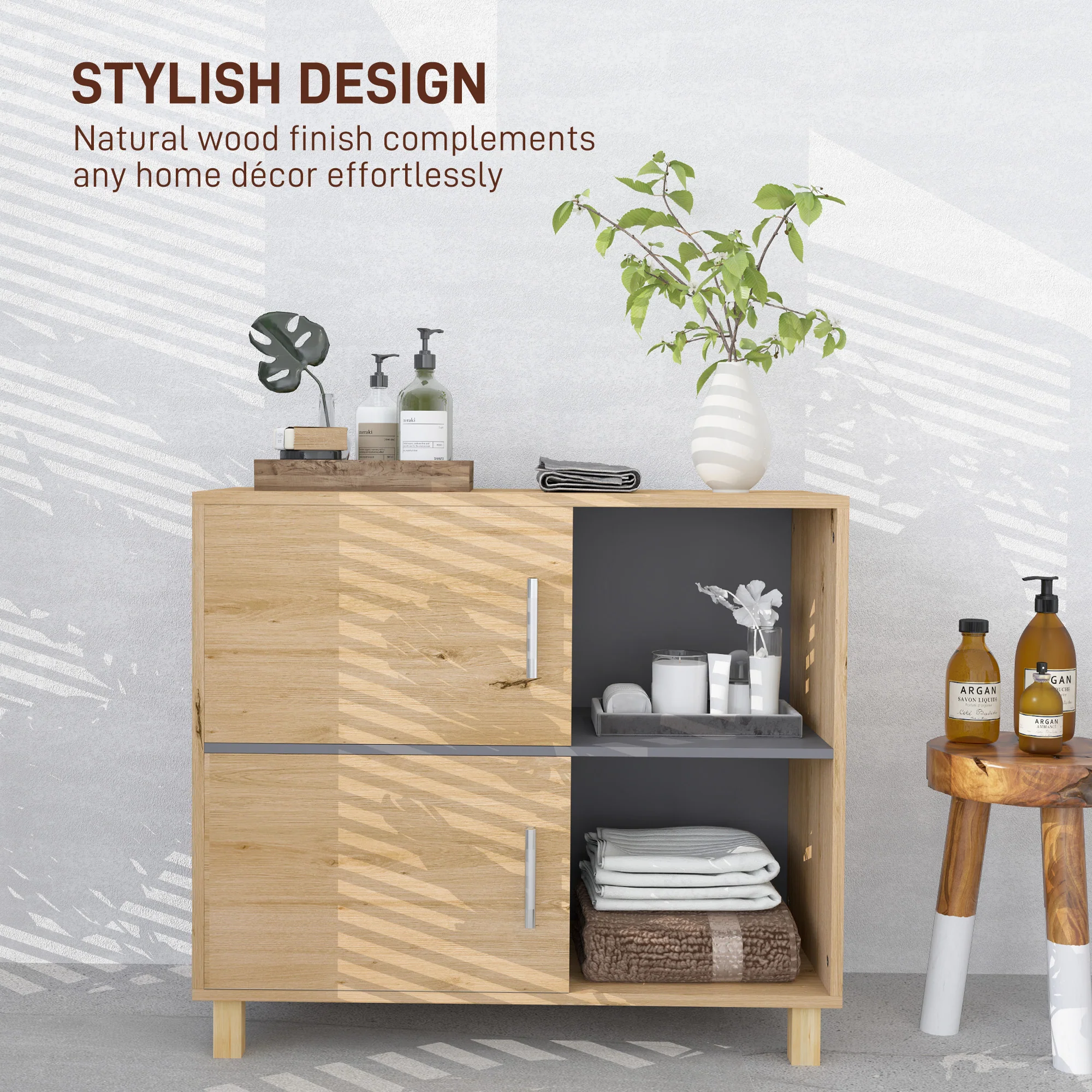HOMCOM Bathroom Storage Cabinet With Open Compartments And Double Doors - Image 4