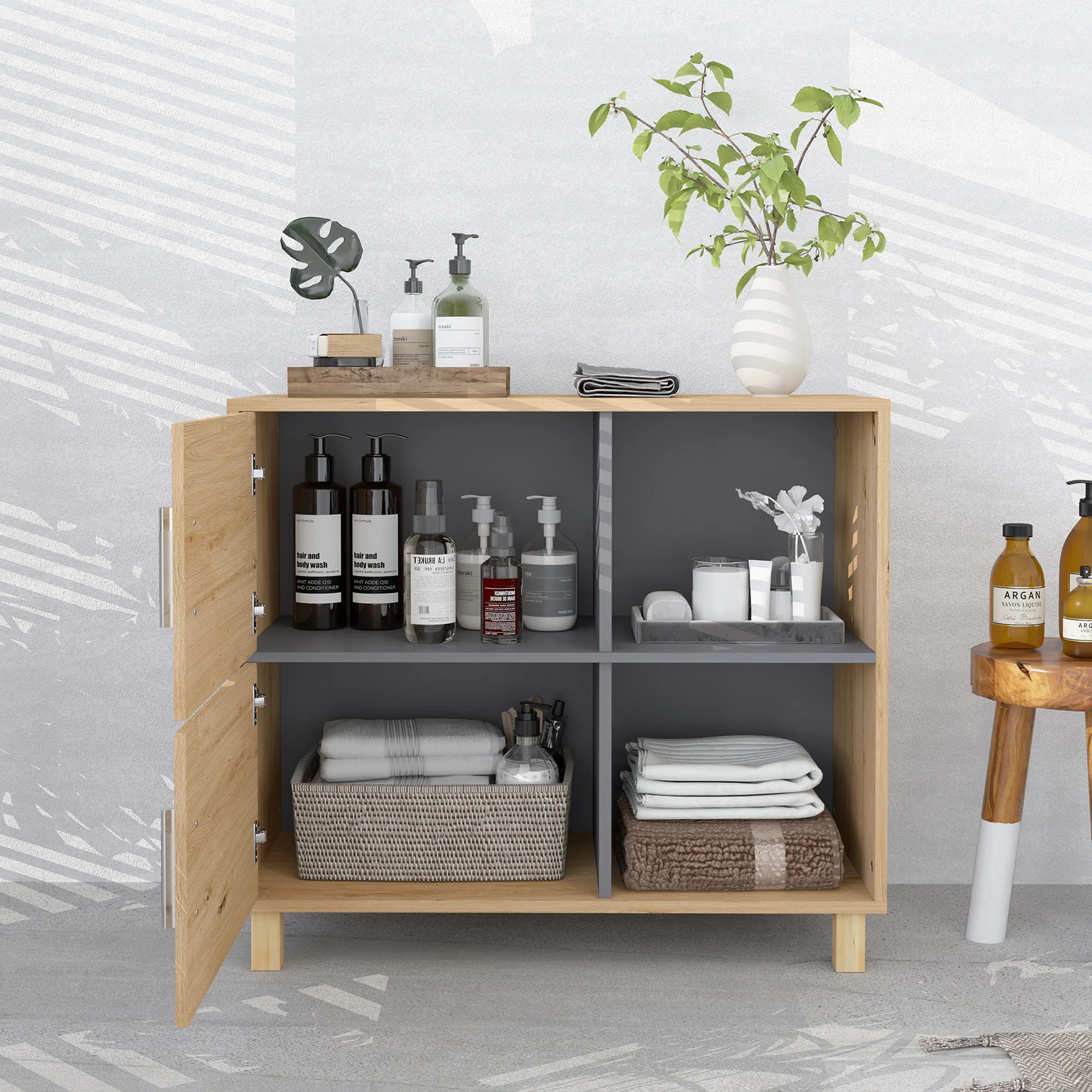 HOMCOM Bathroom Storage Cabinet With Open Compartments And Double Doors - Image 6