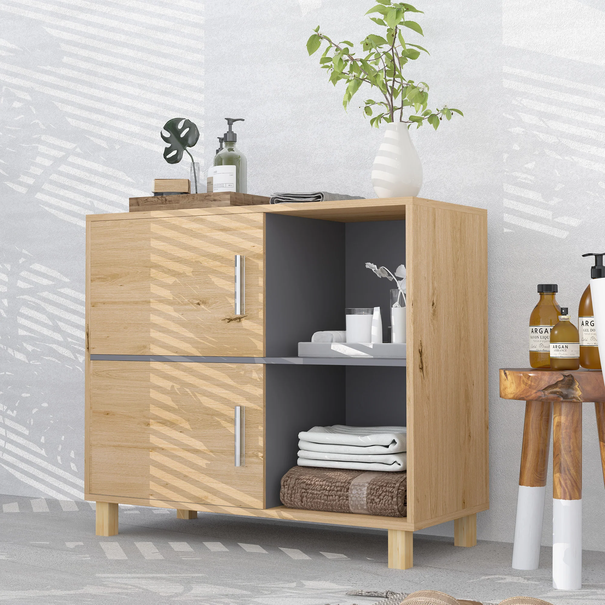 HOMCOM Bathroom Storage Cabinet With Open Compartments And Double Doors - Image 7