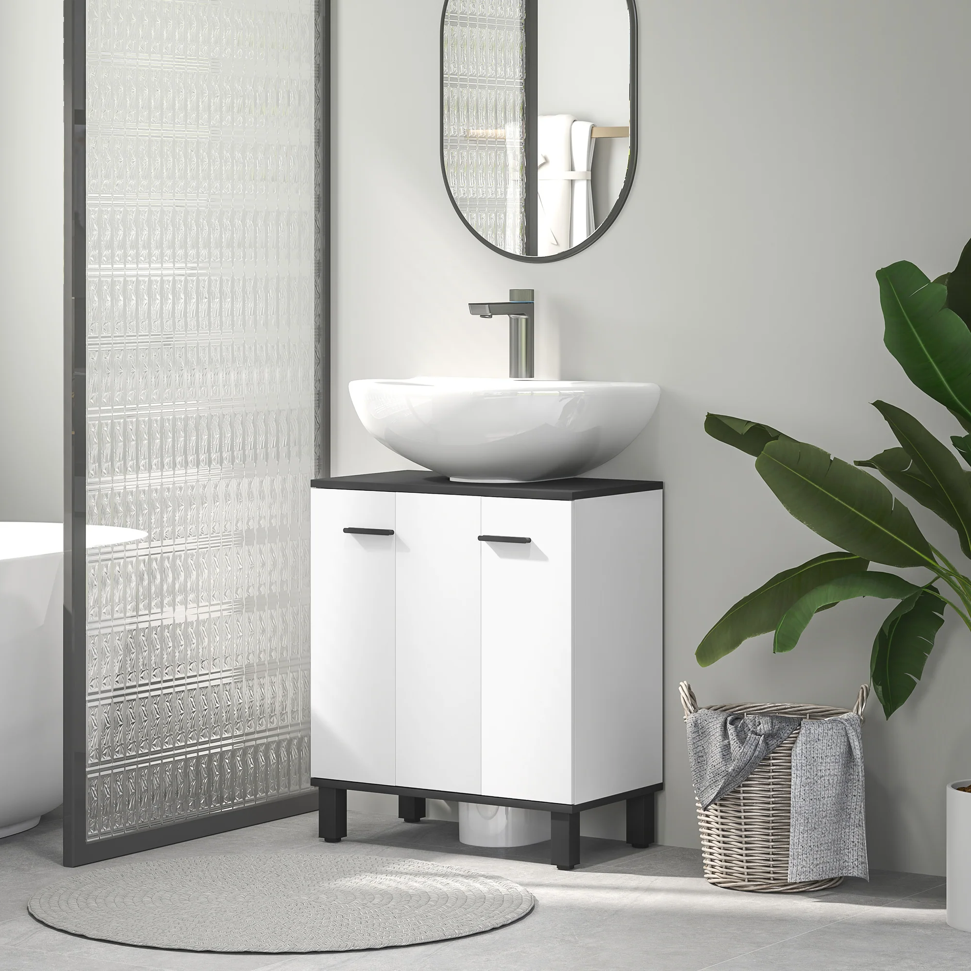 HOMCOM Bathroom Under Sink Cabinet With Adjustable Shelf High Gloss White - Image 2