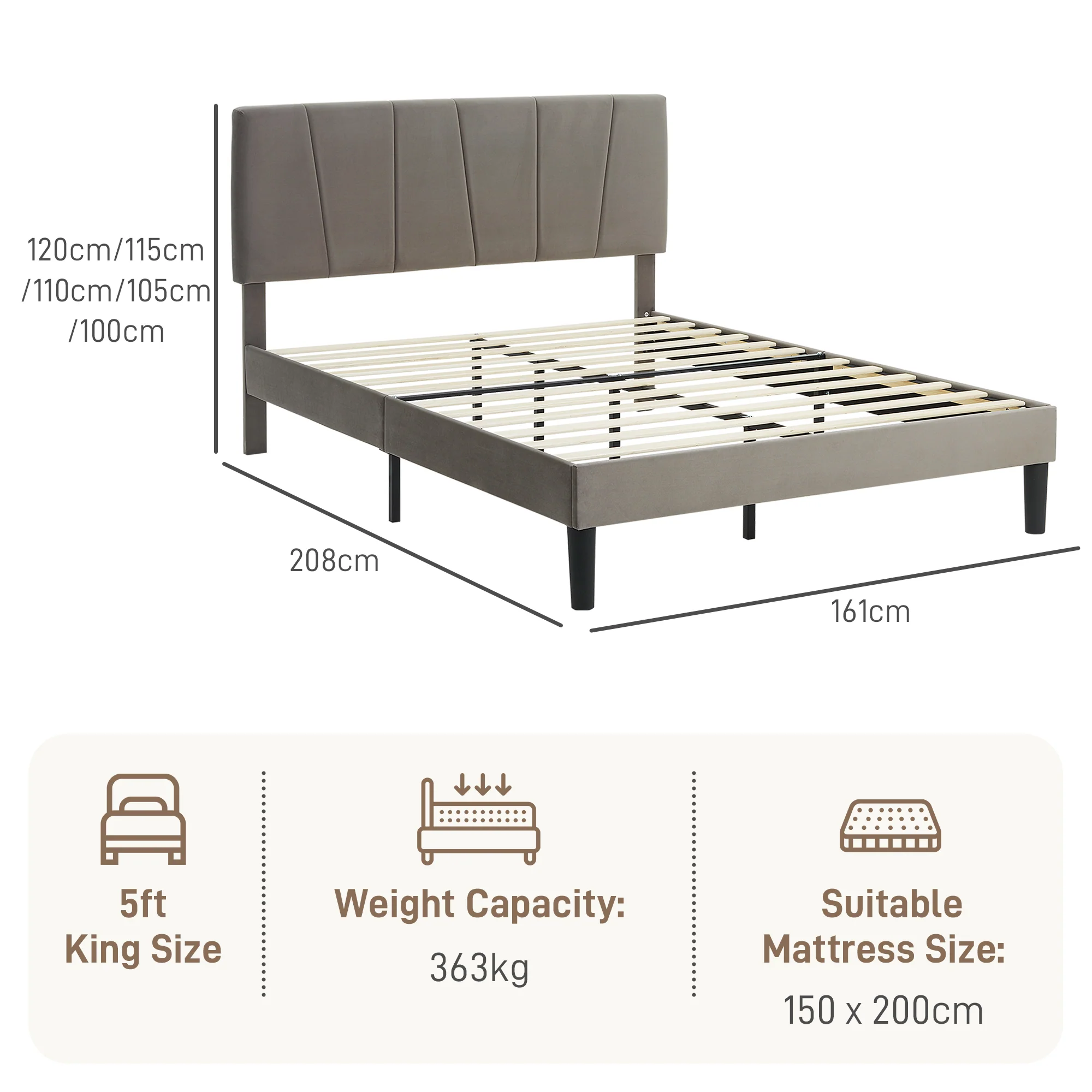 HOMCOM Bed Frame With 5-Level Adjustable Headboard Wooden Slats - Image 14