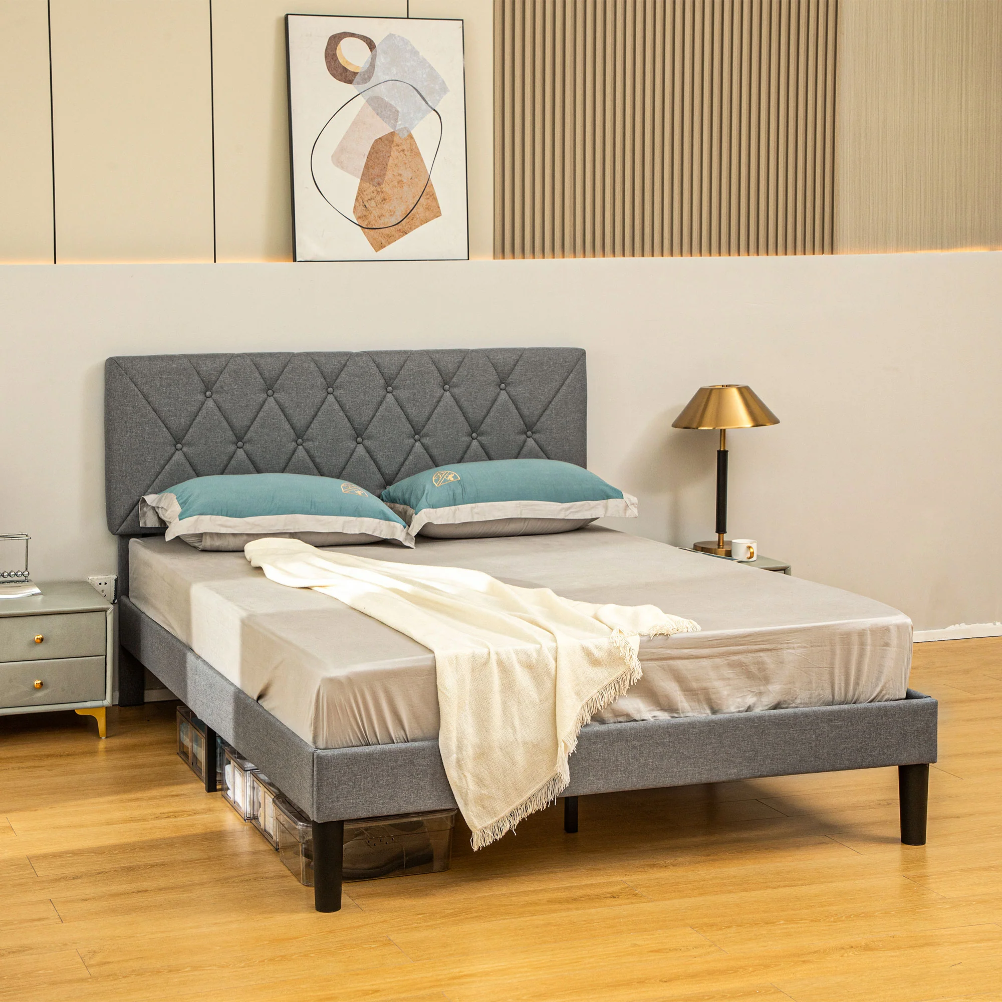 HOMCOM Bed Frame with 5-Level Adjustable Linen Headboard - Image 11