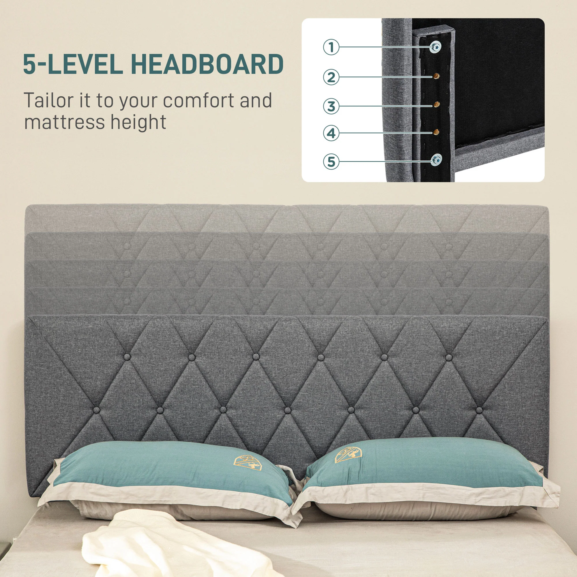 HOMCOM Bed Frame with 5-Level Adjustable Linen Headboard - Image 12