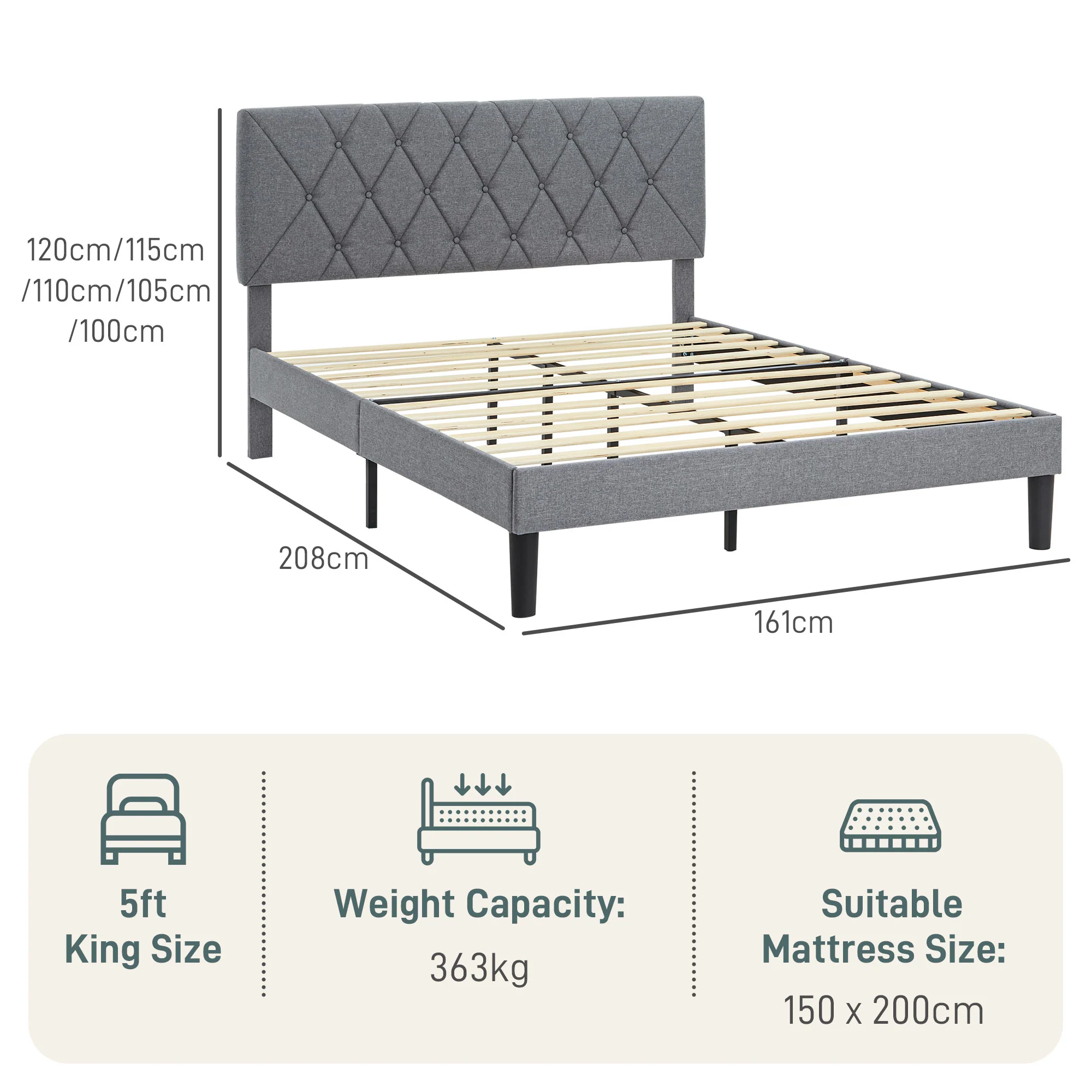 HOMCOM Bed Frame with 5-Level Adjustable Linen Headboard - Image 14