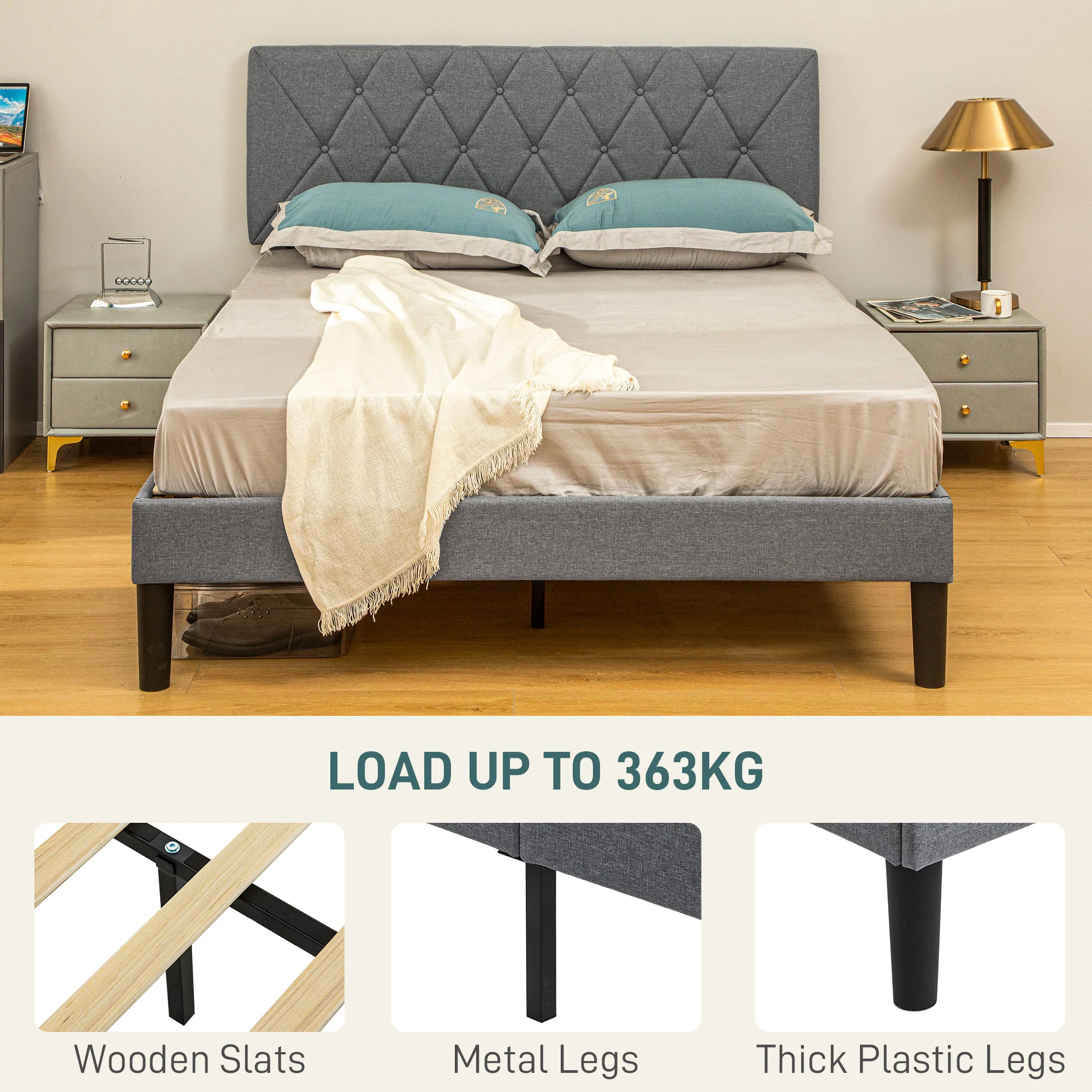 HOMCOM Bed Frame with 5-Level Adjustable Linen Headboard - Image 15