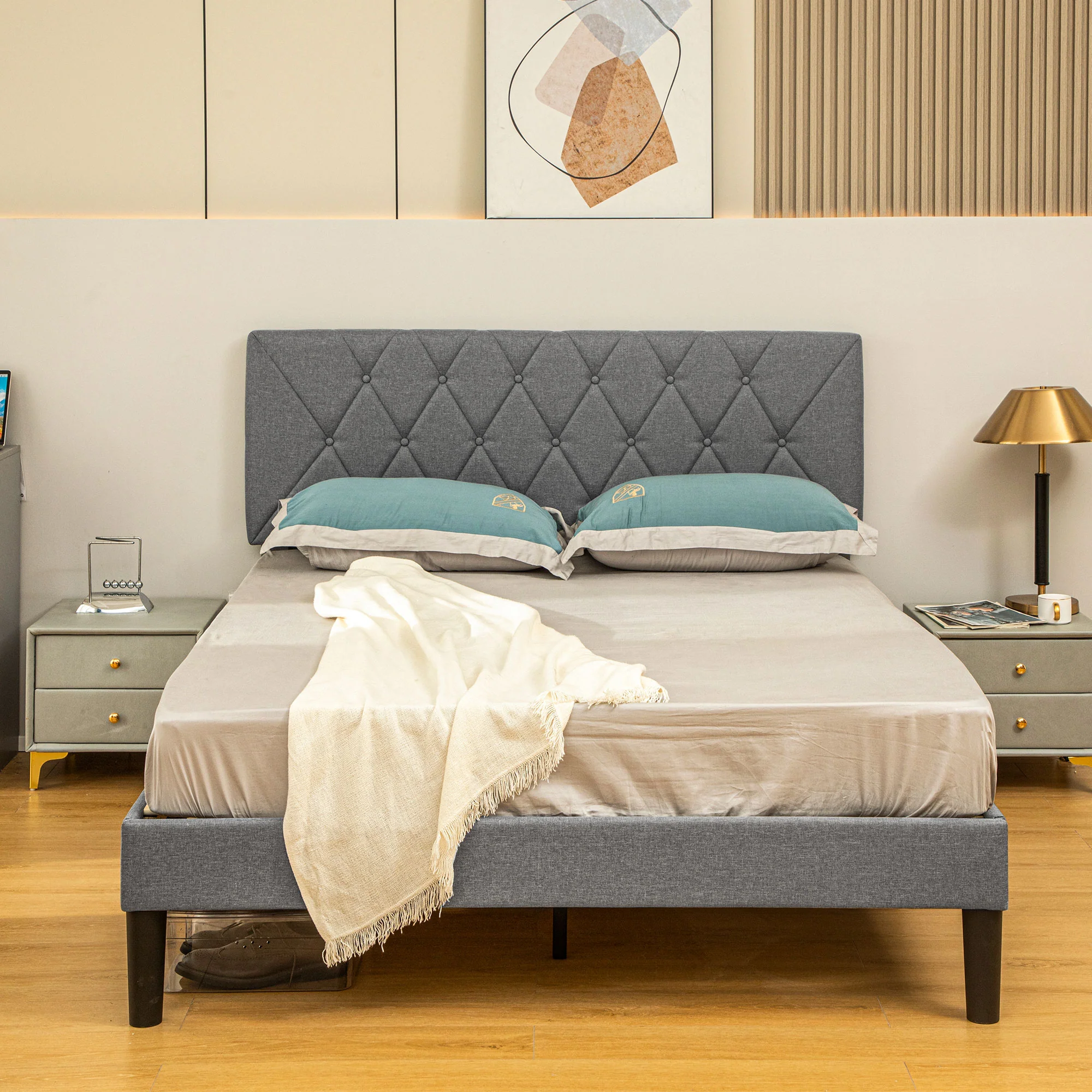 HOMCOM Bed Frame with 5-Level Adjustable Linen Headboard - Image 8