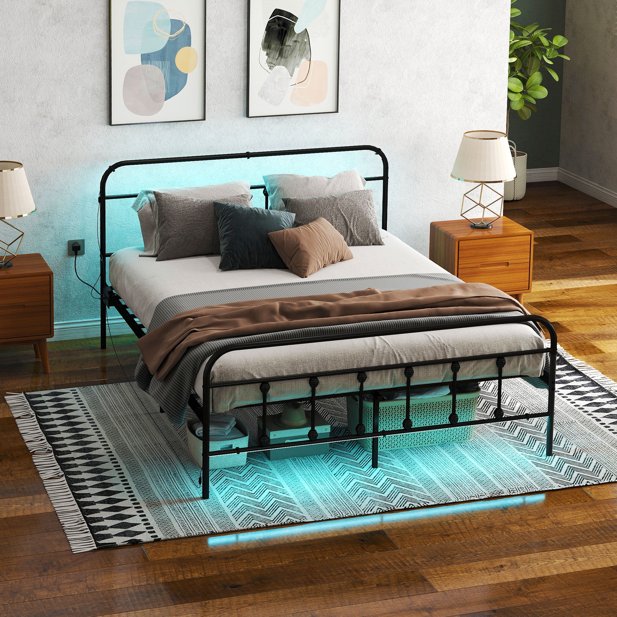 HOMCOM Bed Frame With LED Lights And Charging Station, Black