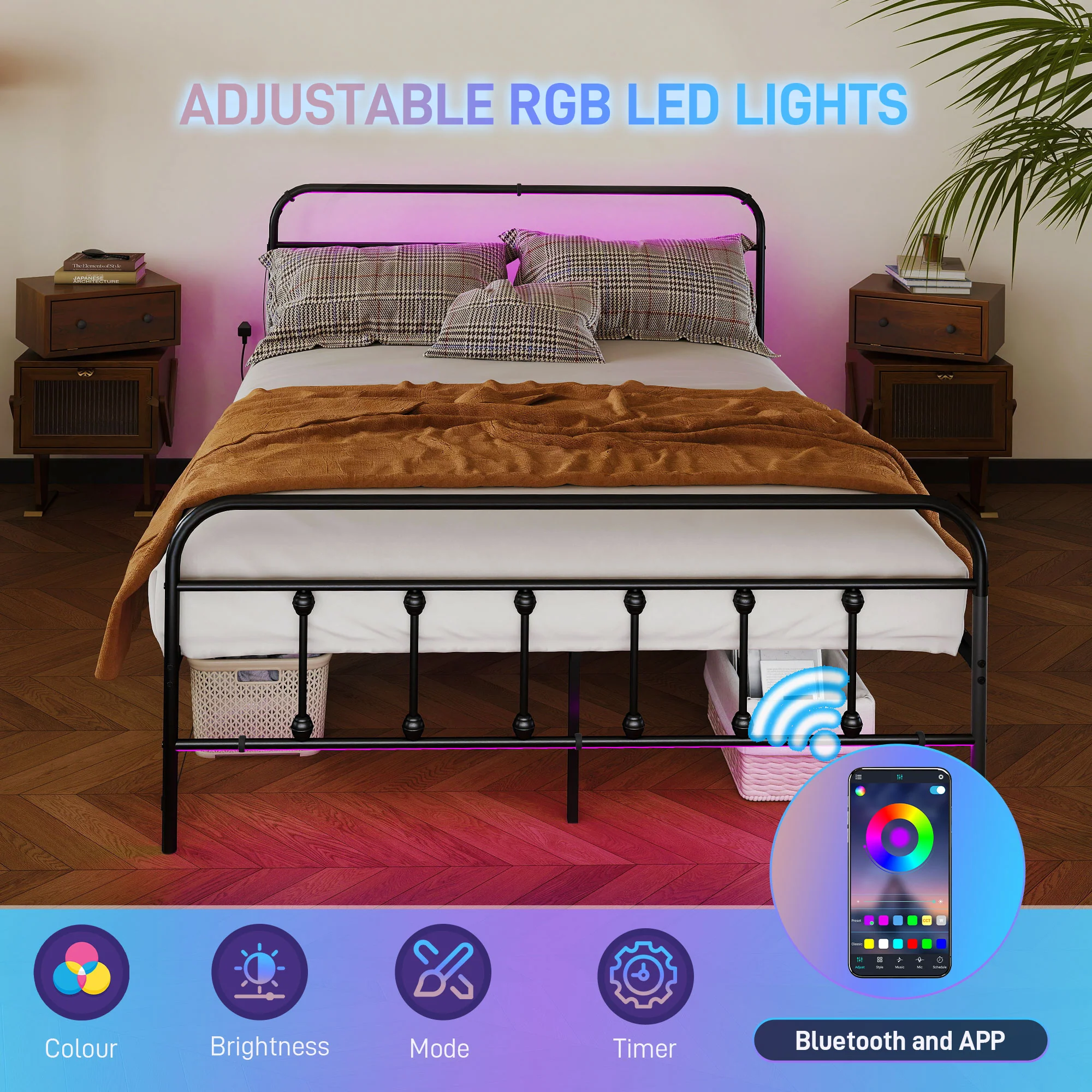 HOMCOM Bed Frame With LED Lights And Charging Station, Black - Image 12