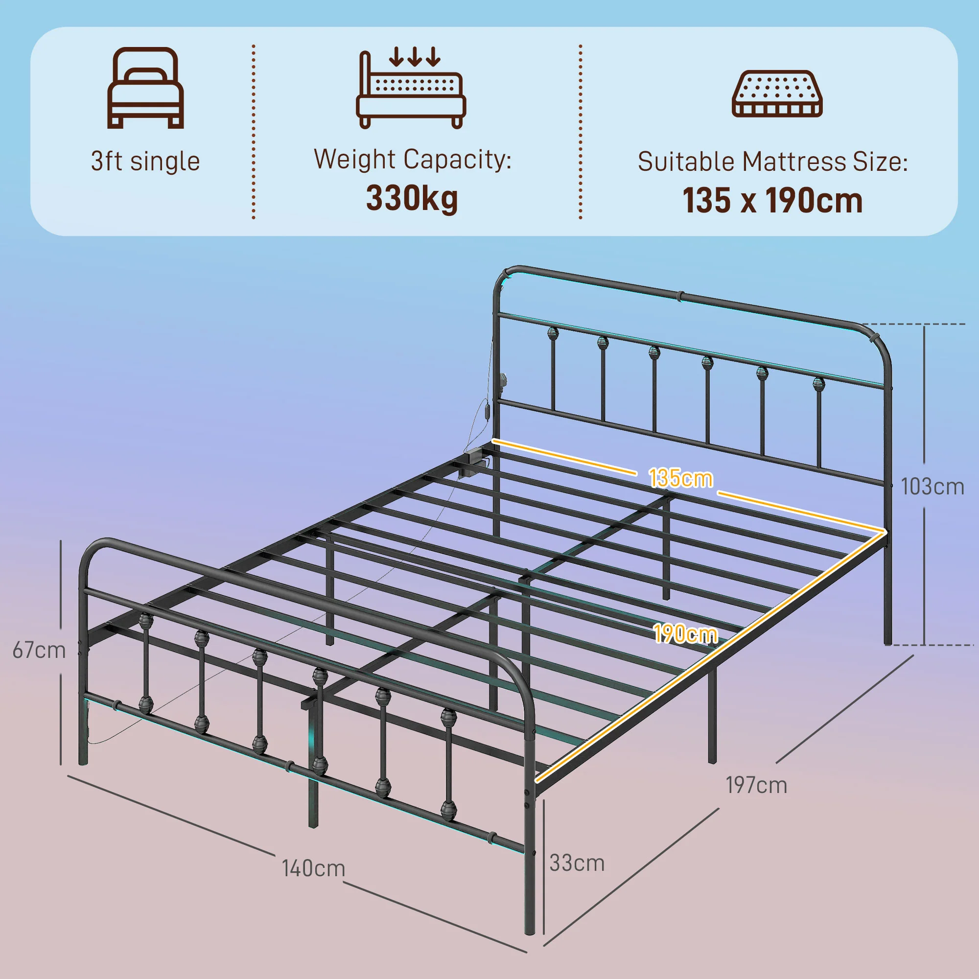 HOMCOM Bed Frame With LED Lights And Charging Station, Black - Image 14