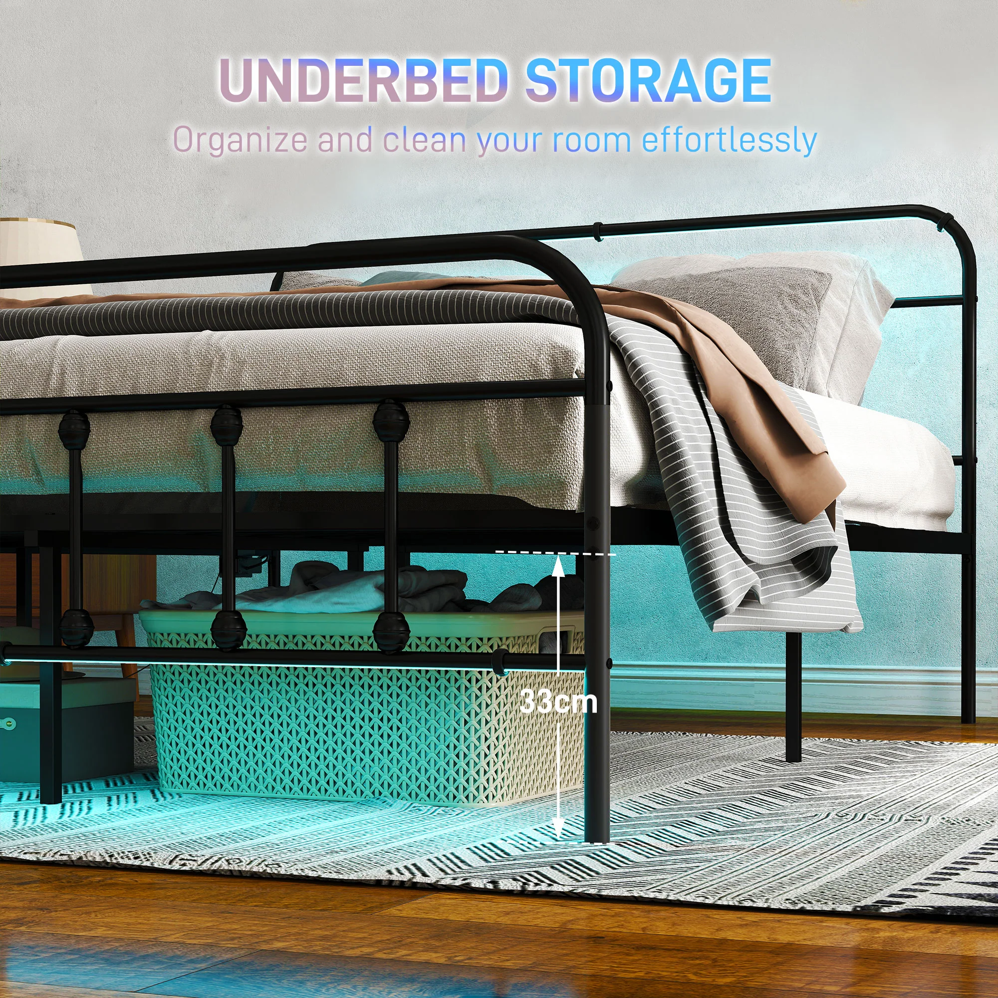 HOMCOM Bed Frame With LED Lights And Charging Station, Black - Image 16