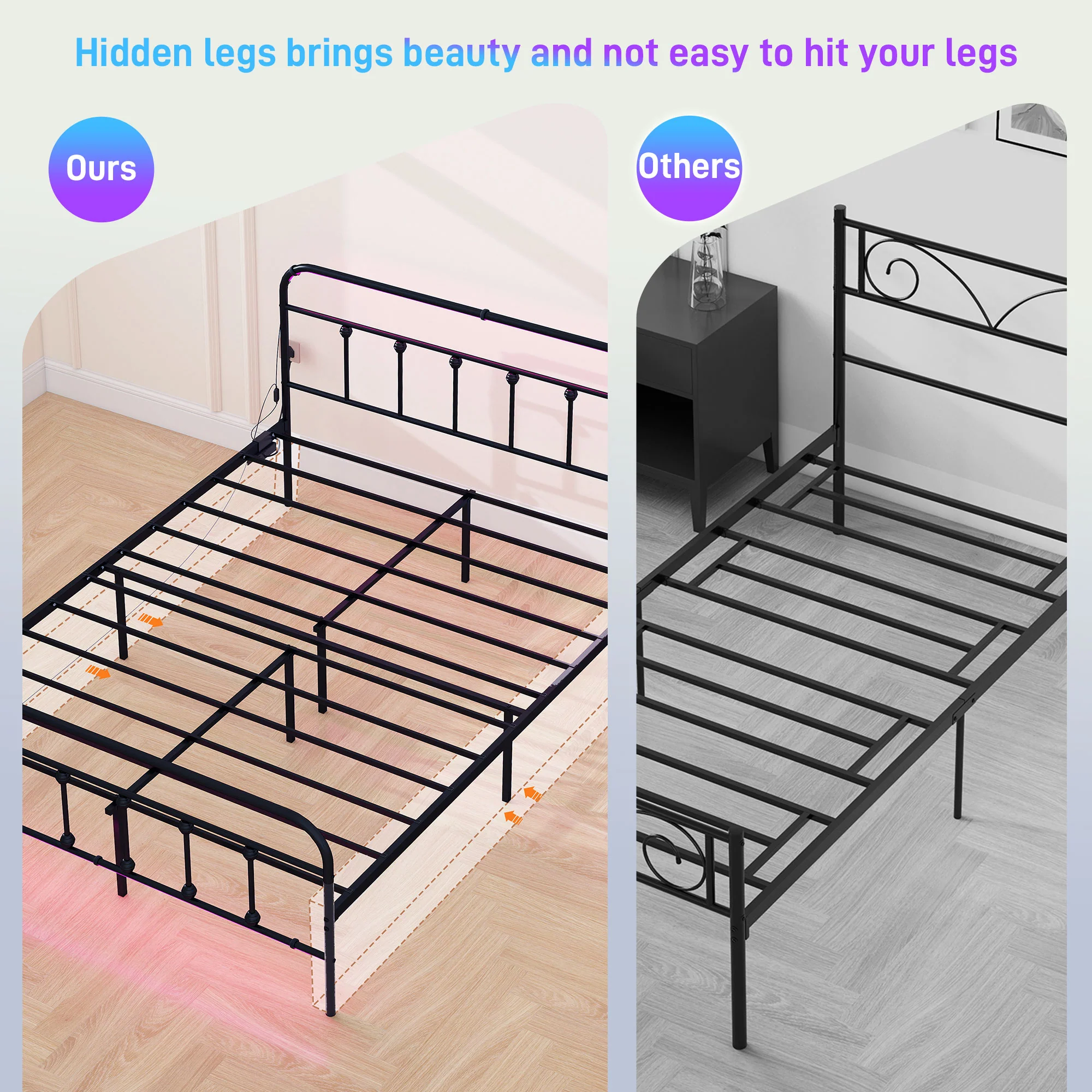 HOMCOM Bed Frame With LED Lights And Charging Station, Black - Image 17