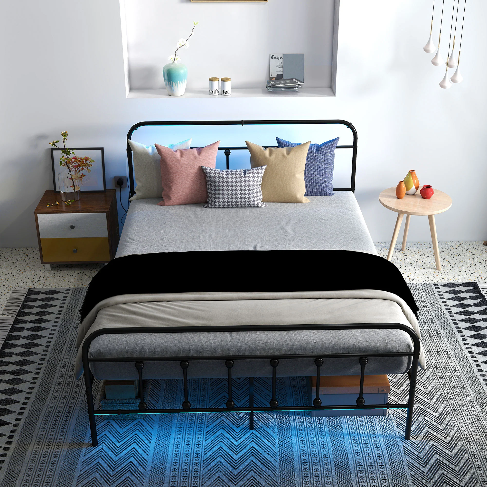 HOMCOM Bed Frame With LED Lights And Charging Station, Black - Image 18