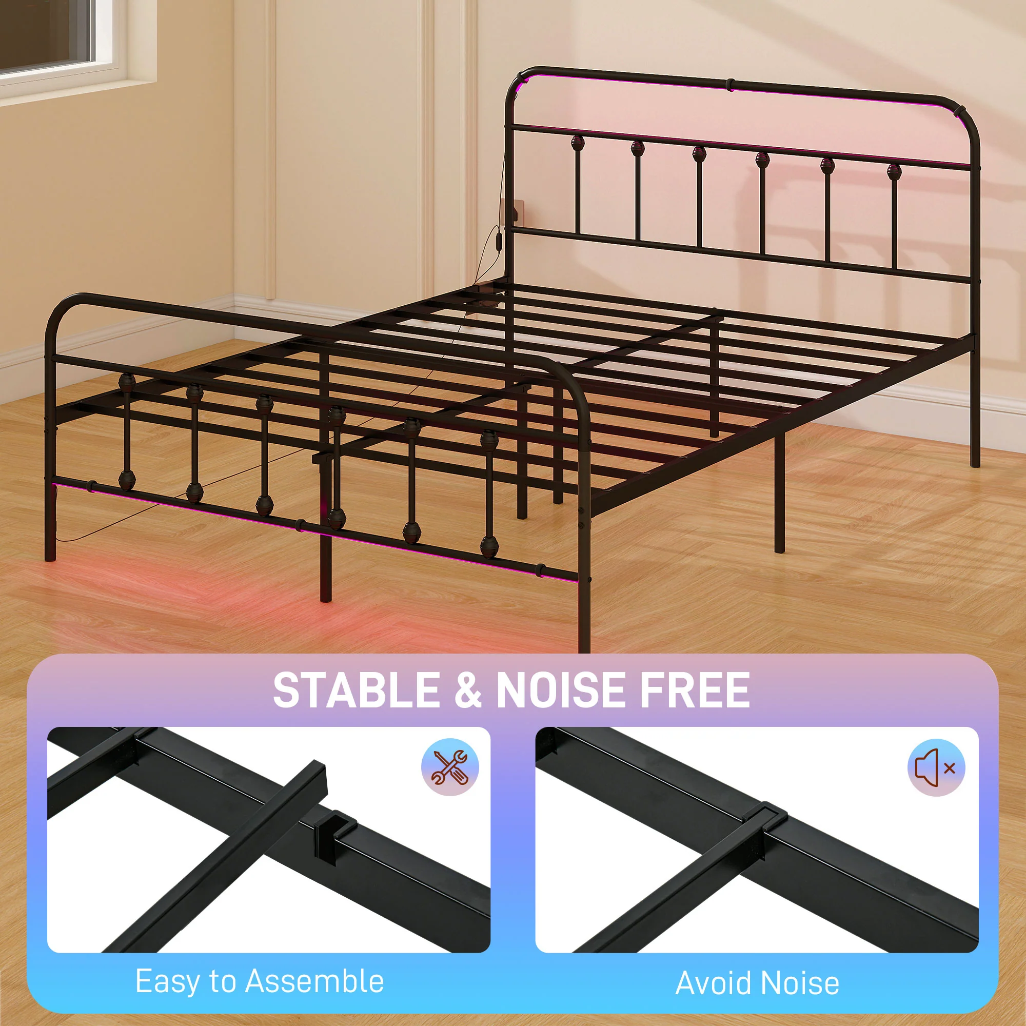HOMCOM Bed Frame With LED Lights And Charging Station, Black - Image 6