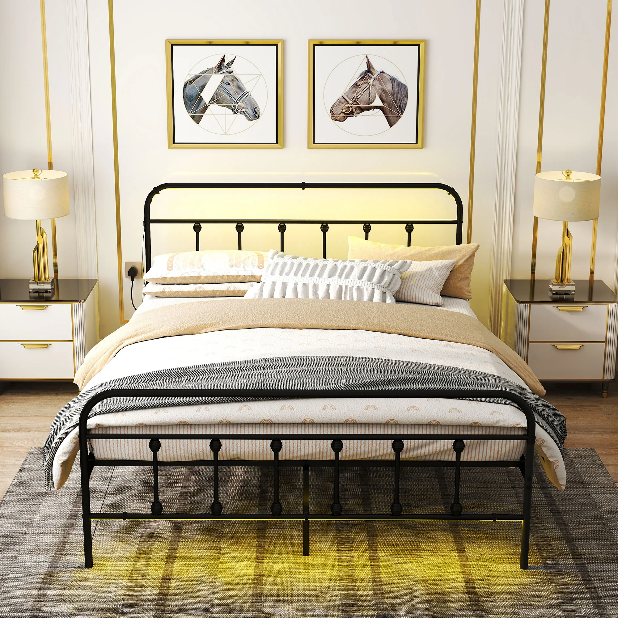 HOMCOM Bed Frame With LED Lights And Charging Station, Black - Image 9