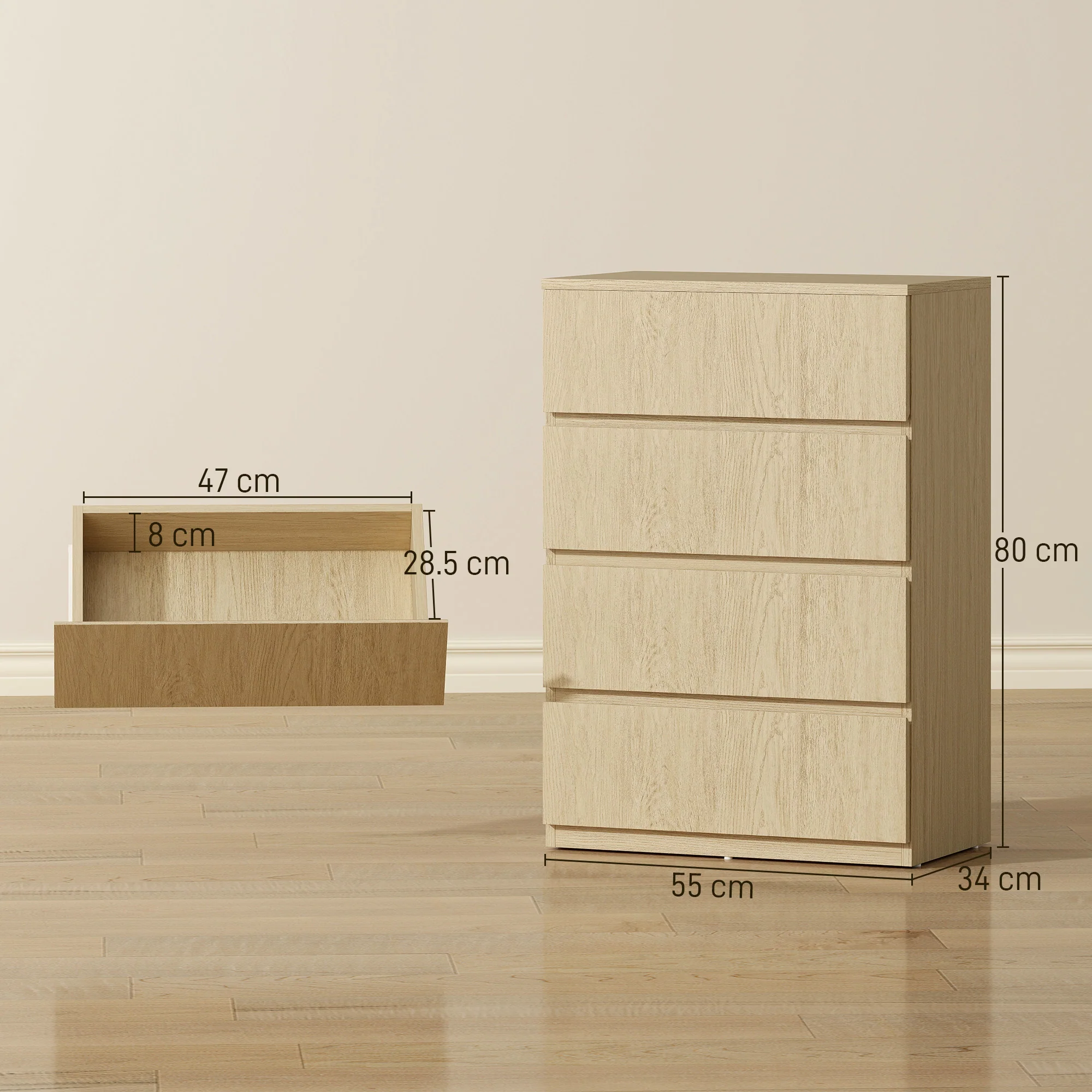 HOMCOM Bedroom Chest of Drawers, 4 Drawers Dresser, Drawer Unit, Natural - Image 3