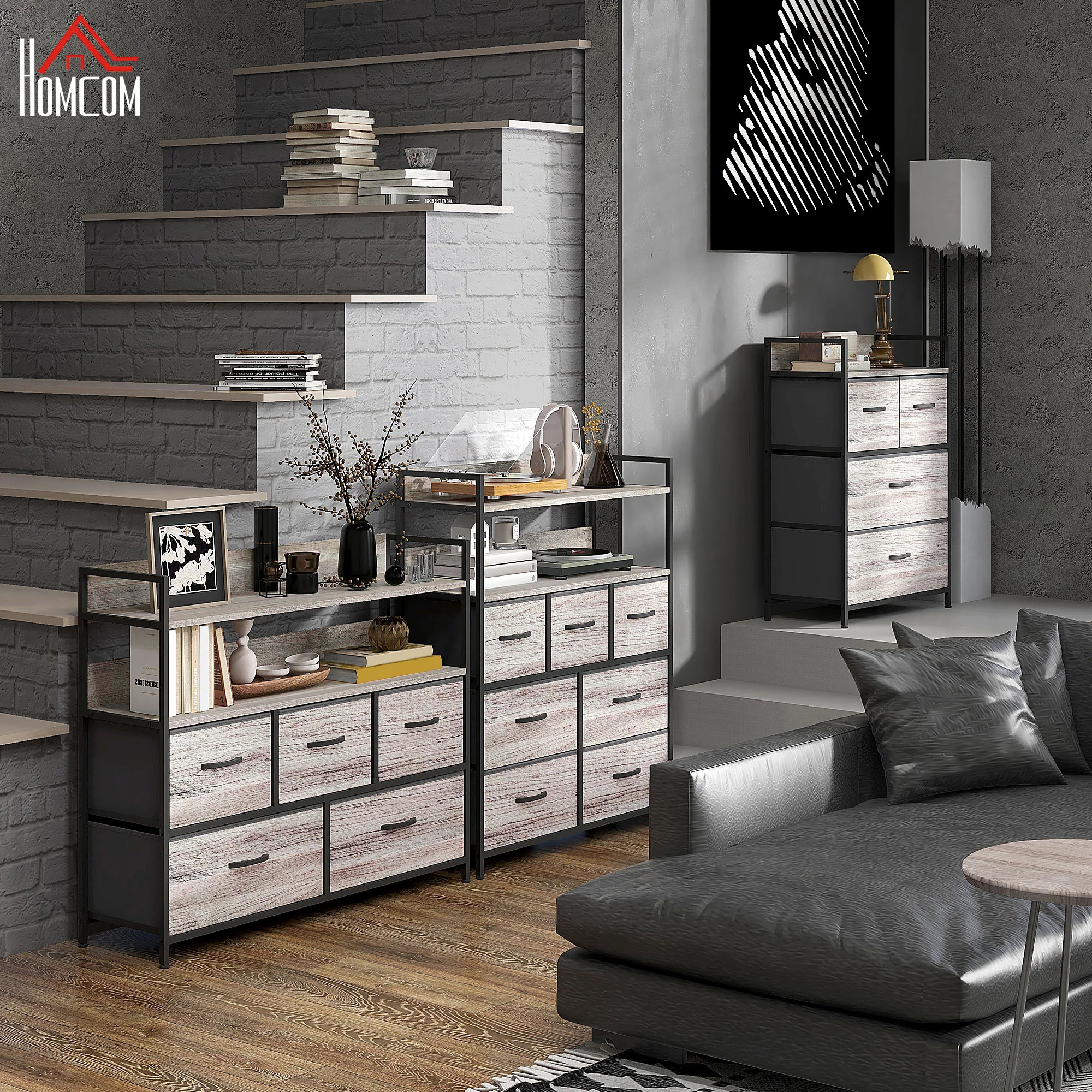 HOMCOM Bedroom Chest Of Drawers 5 Drawer Dresser W/ Shelves, Grey Wood Effect - Image 8