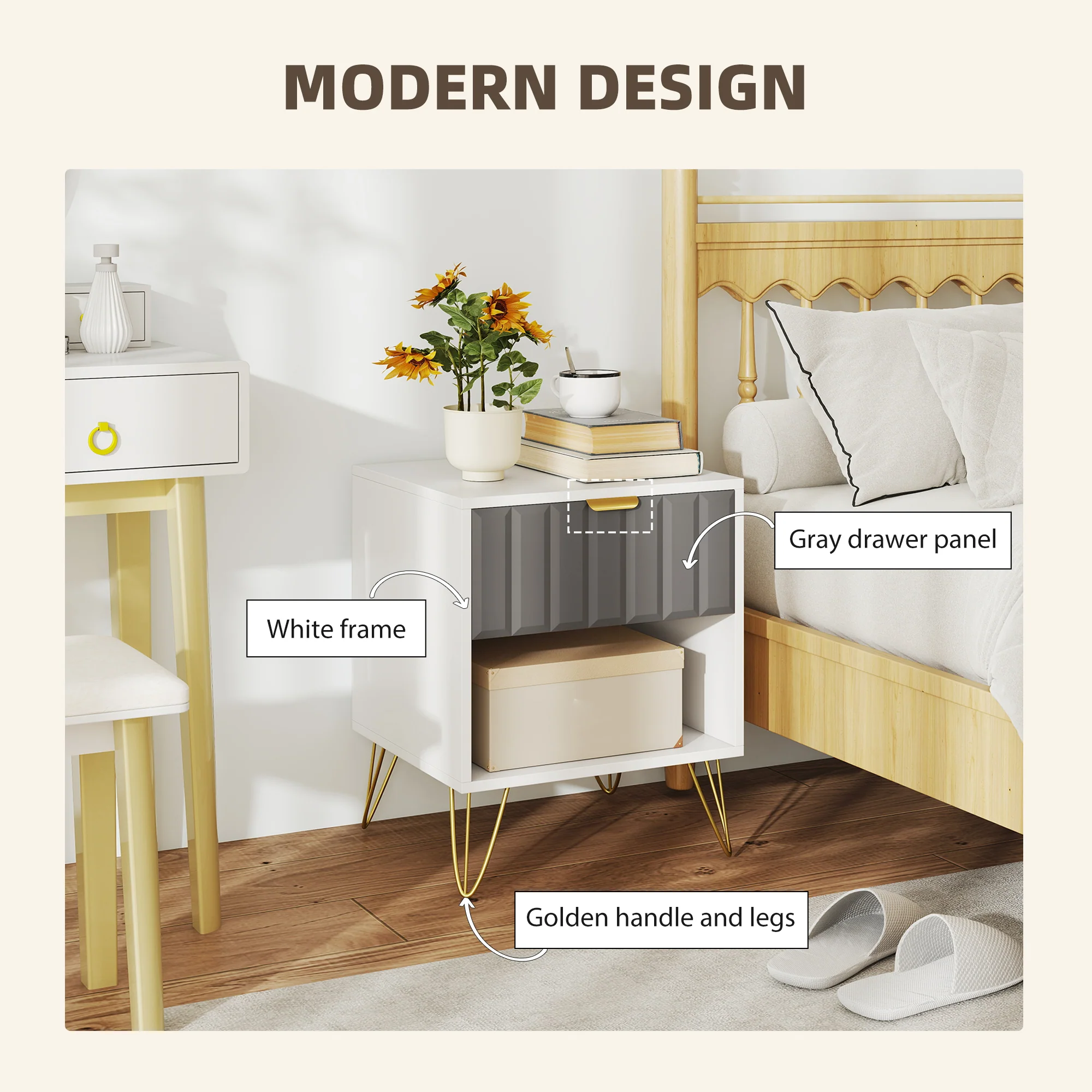 HOMCOM Bedside Drawers Modern Bedside Cabinet With Drawer And Handle, White - Image 6