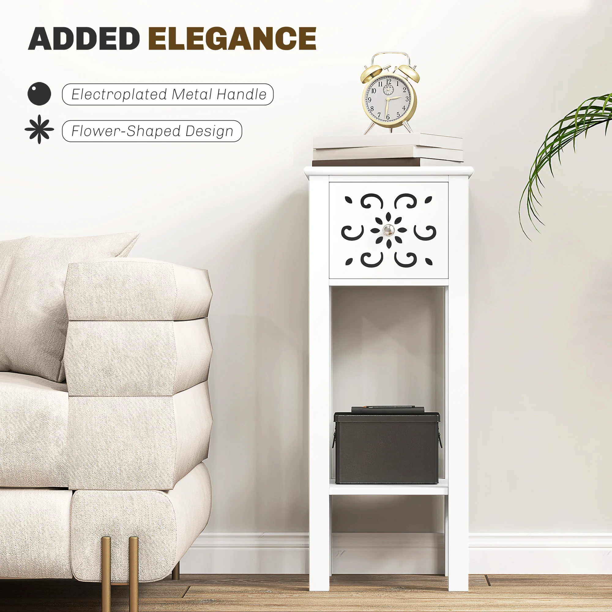 HOMCOM Bedside Table Set, End Table Set With Drawer And Storage Shelf, White - Image 3