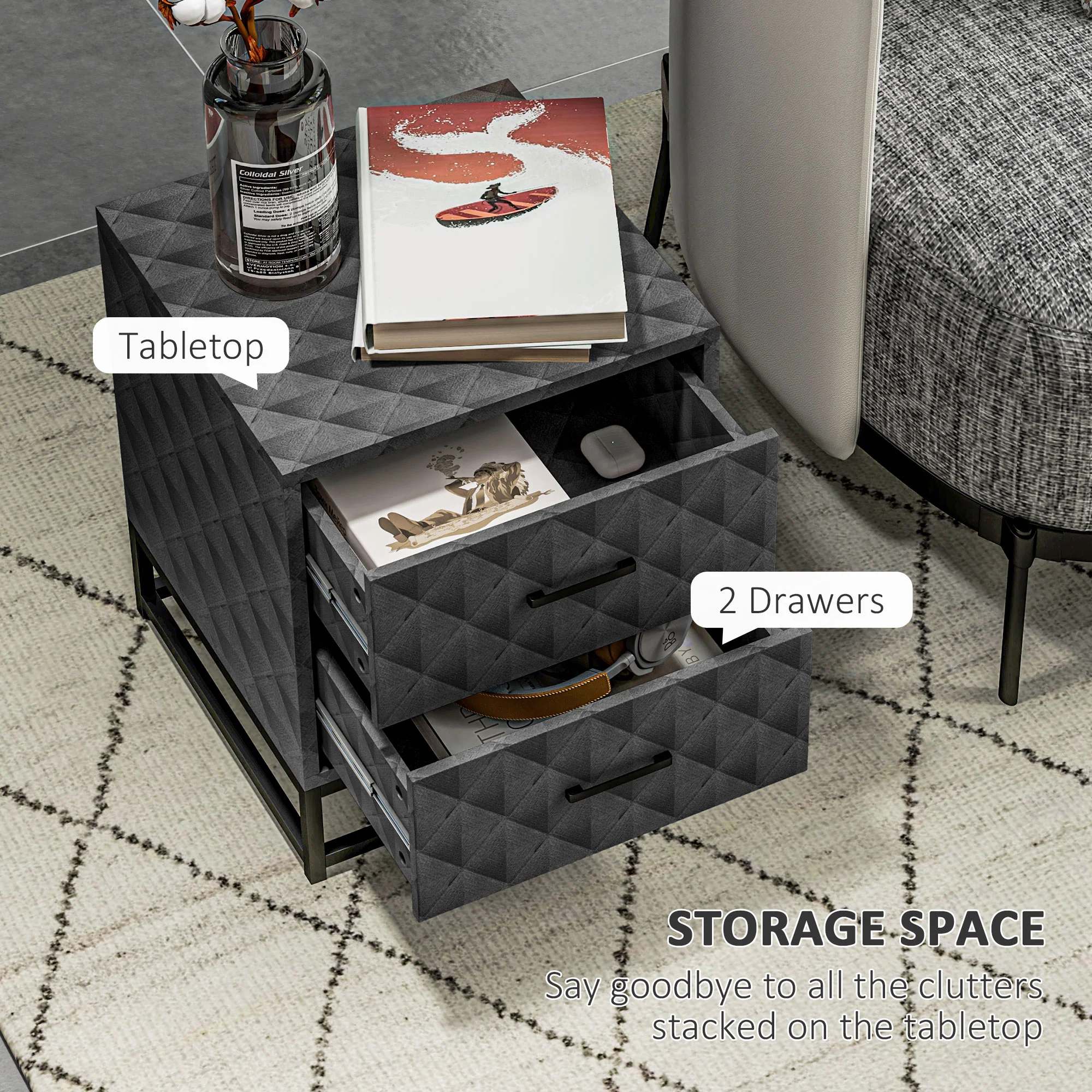 HOMCOM Bedside Table Set of 2, Nightstand with 2 Drawers, Steel Legs - Image 13
