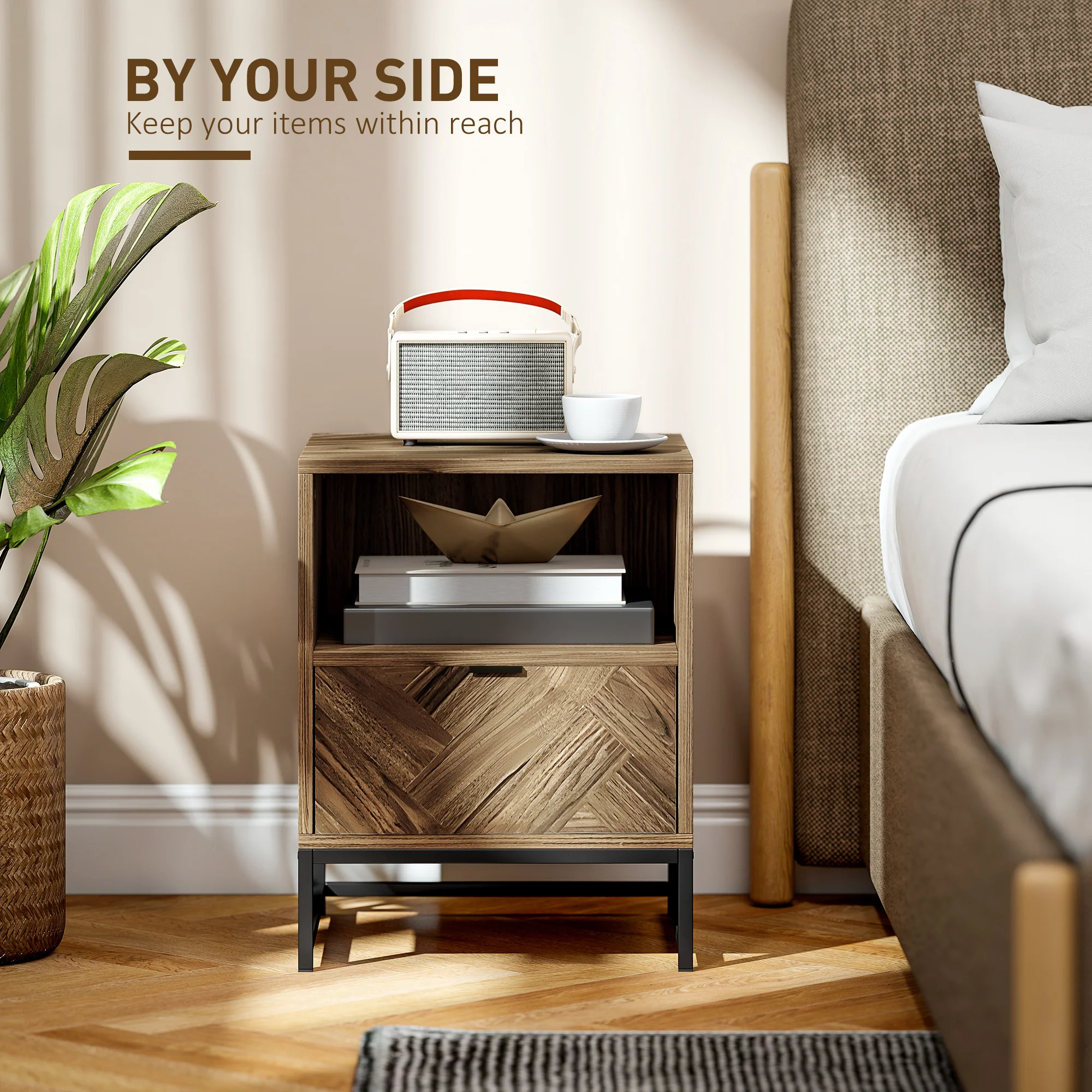 HOMCOM Bedside Table, Sofa Side Table with Drawer for Bedroom, Brown - Image 3
