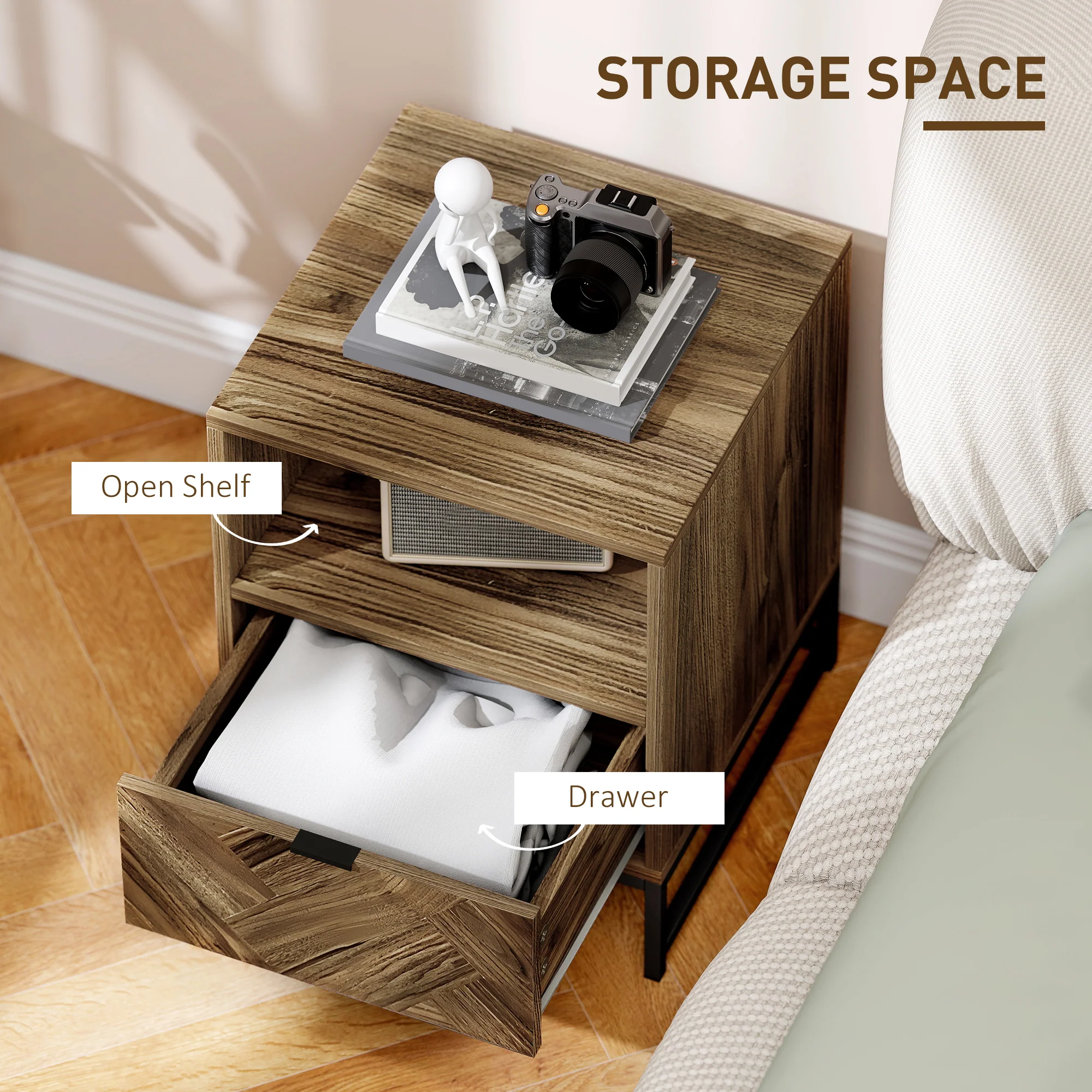 HOMCOM Bedside Table, Sofa Side Table with Drawer for Bedroom, Brown - Image 4