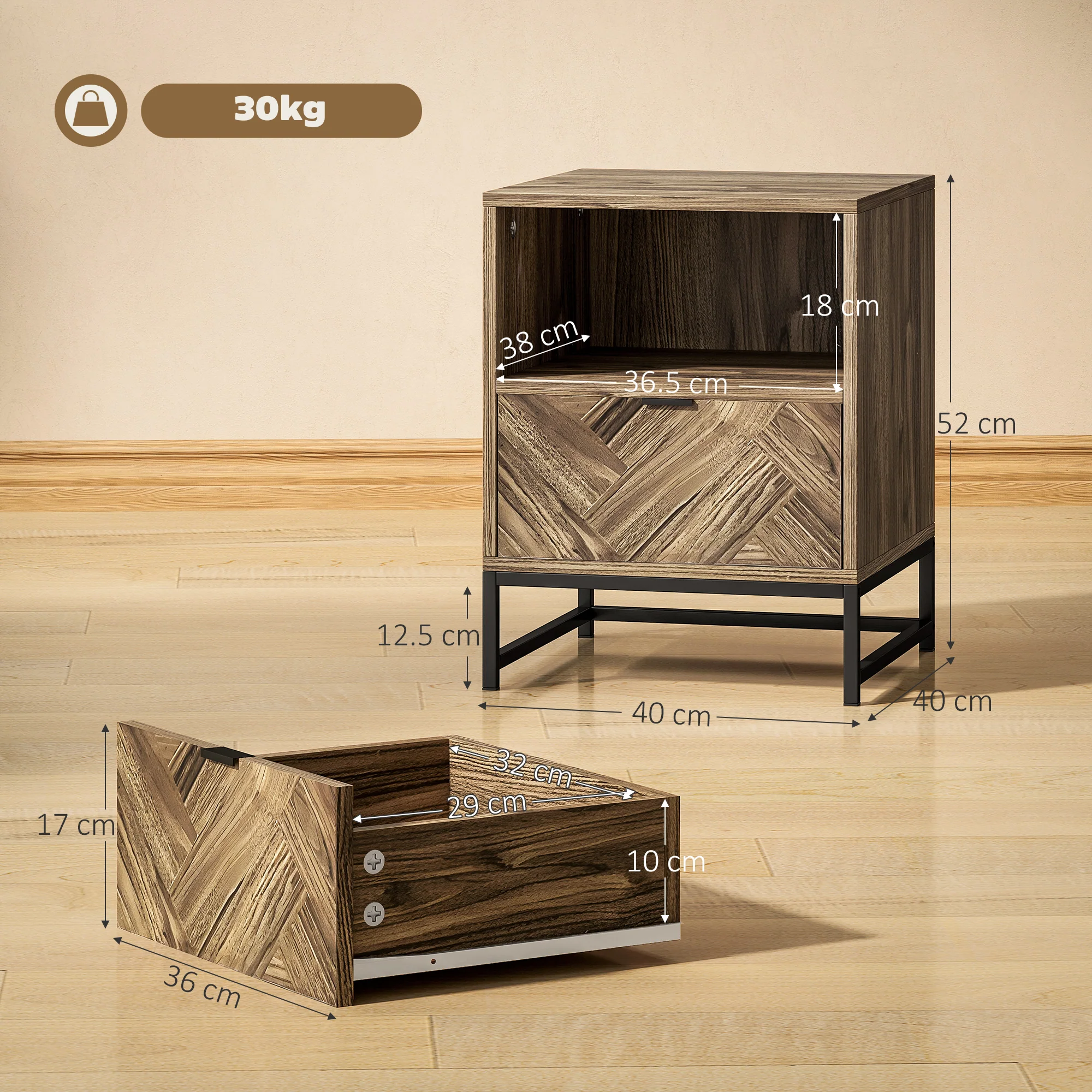 HOMCOM Bedside Table, Sofa Side Table with Drawer for Bedroom, Brown - Image 5