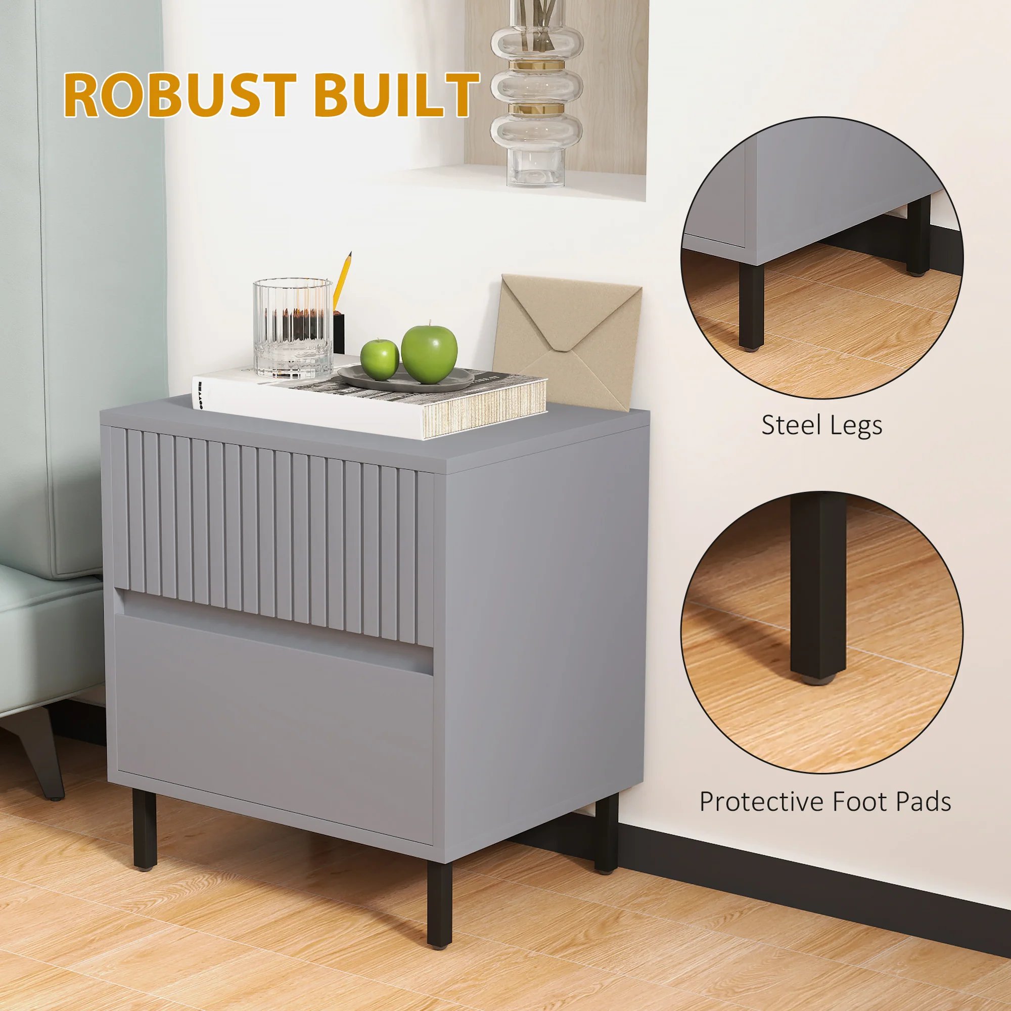 HOMCOM Bedside Table With 2 Drawers And Steel Legs For Bedroom - Grey/White - Image 6