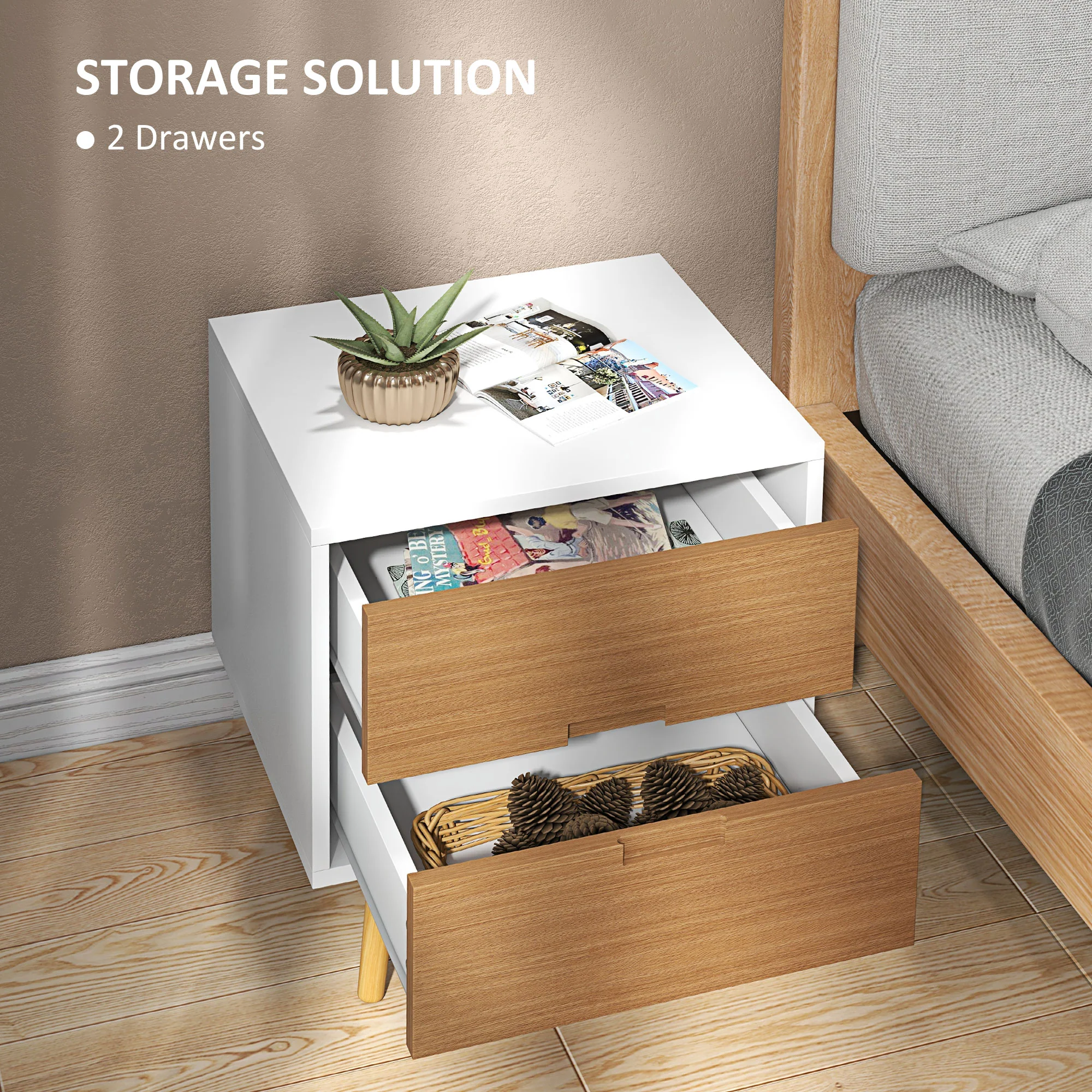 HOMCOM Bedside Table With 2 Drawers For Bedroom, Living Room - Image 3