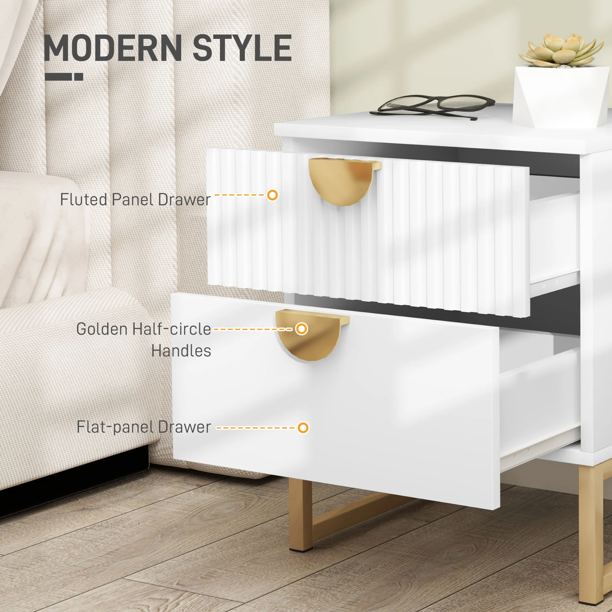 HOMCOM Bedside Table with 2 Drawers for Bedroom, Living Room, White - Image 3