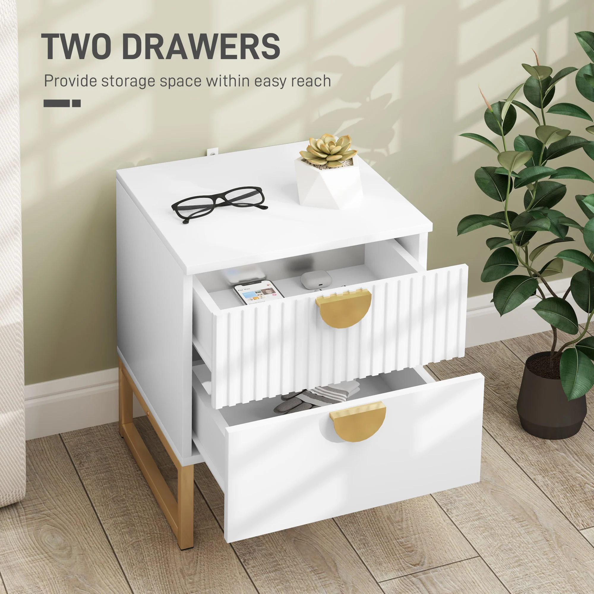 HOMCOM Bedside Table with 2 Drawers for Bedroom, Living Room, White - Image 4