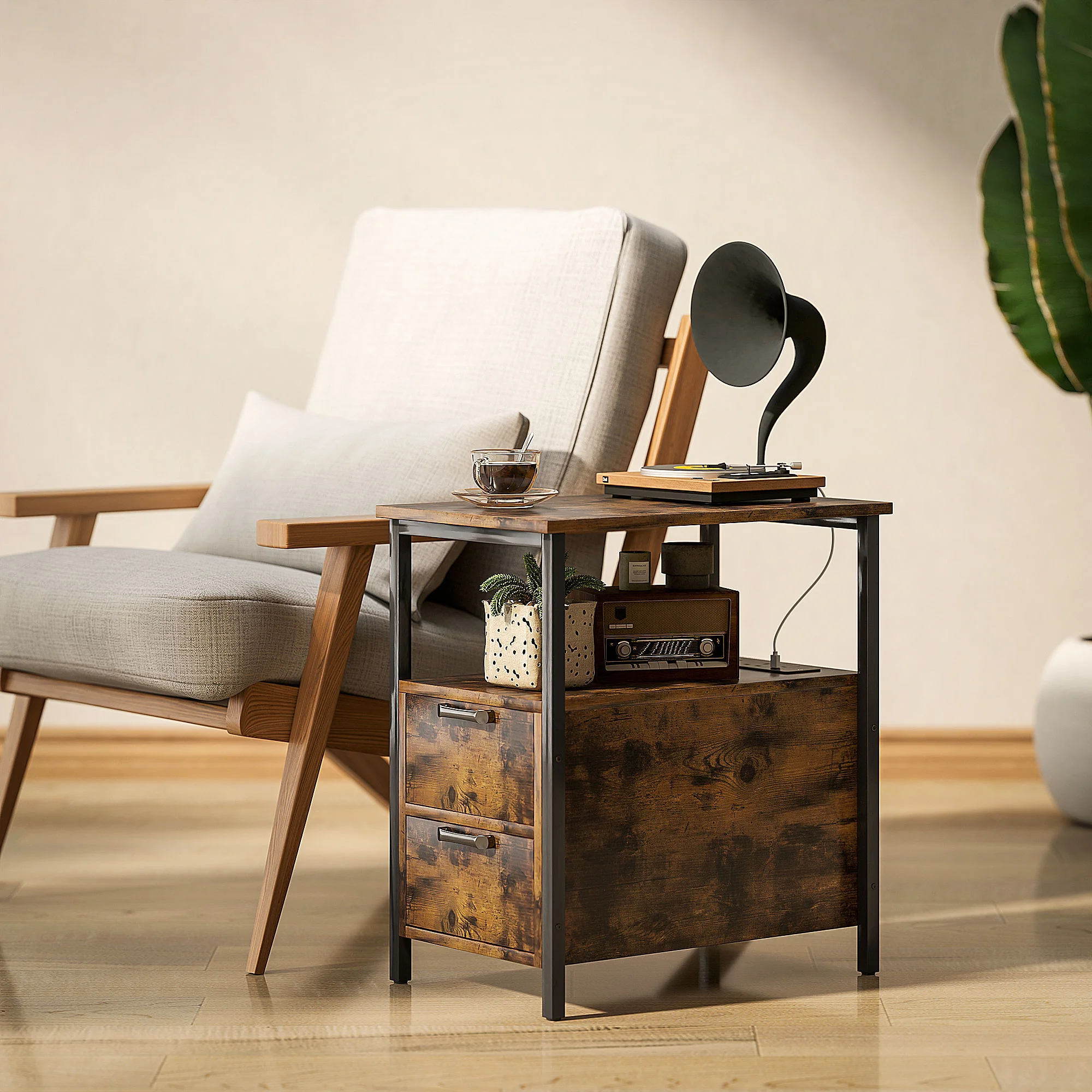 HOMCOM Bedside Table With Charging Station For Living Room, Rustic Brown - Image 2