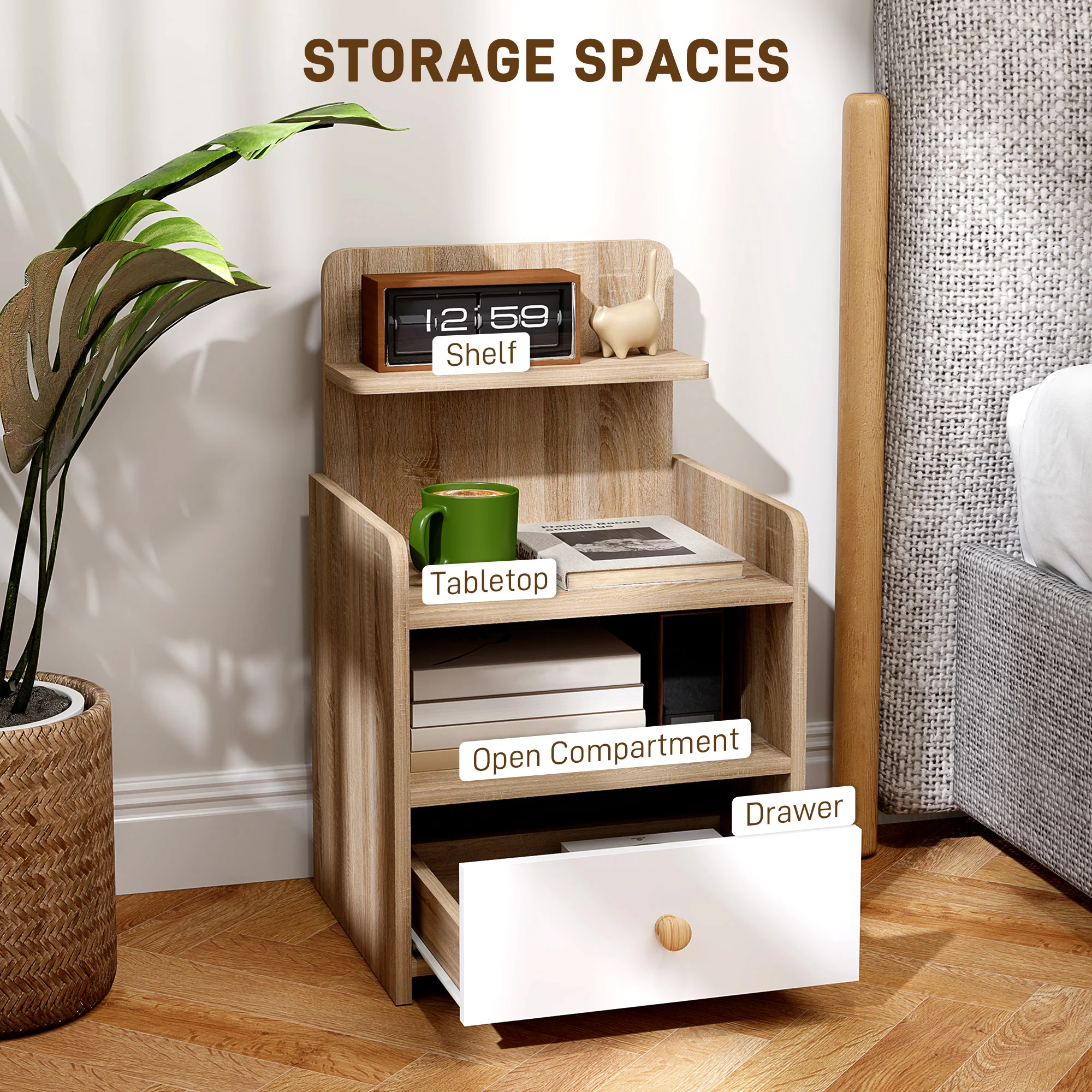 HOMCOM Bedside Table With Drawer For Bedroom, Living Room, Natural Wood Effect - Image 3