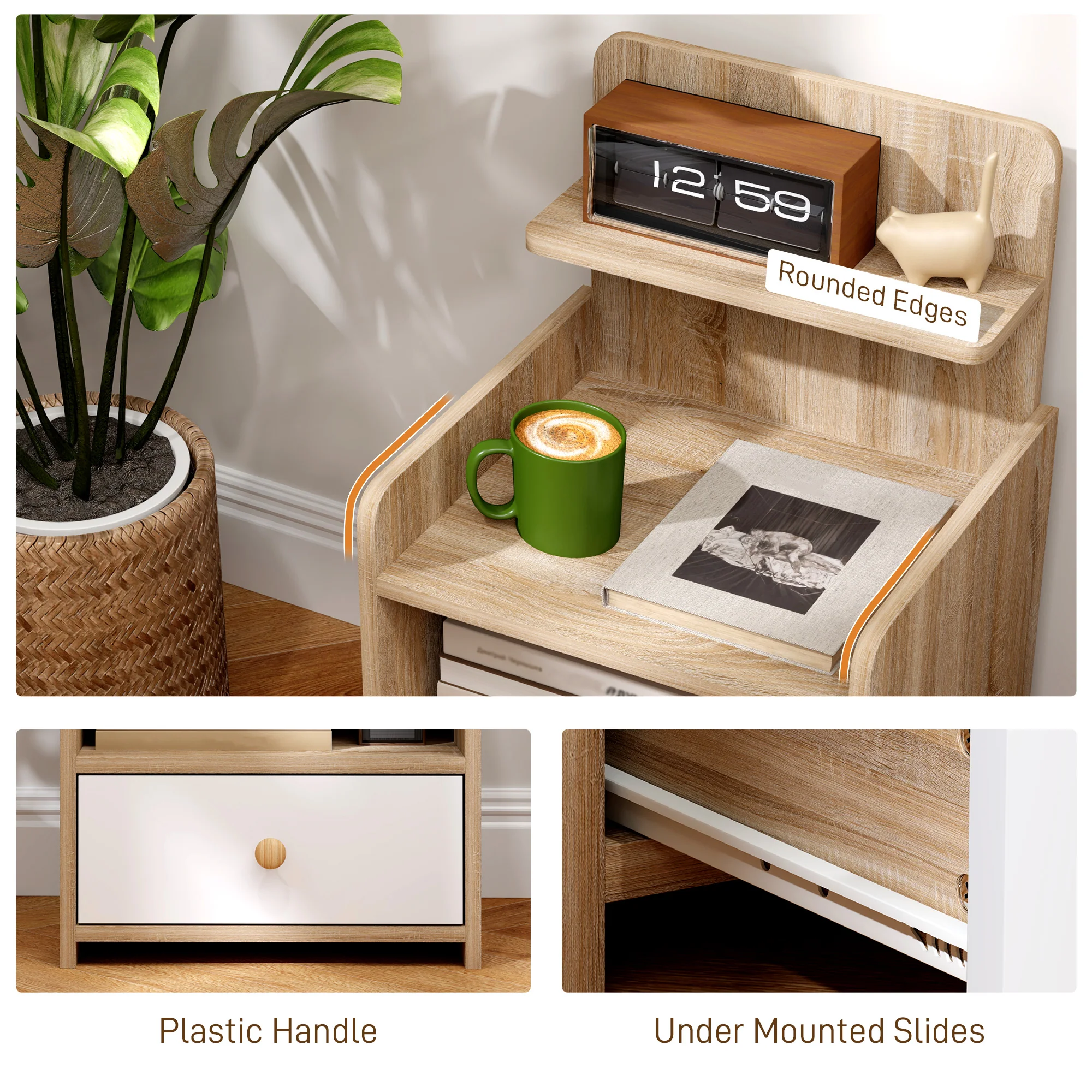 HOMCOM Bedside Table With Drawer For Bedroom, Living Room, Natural Wood Effect - Image 4