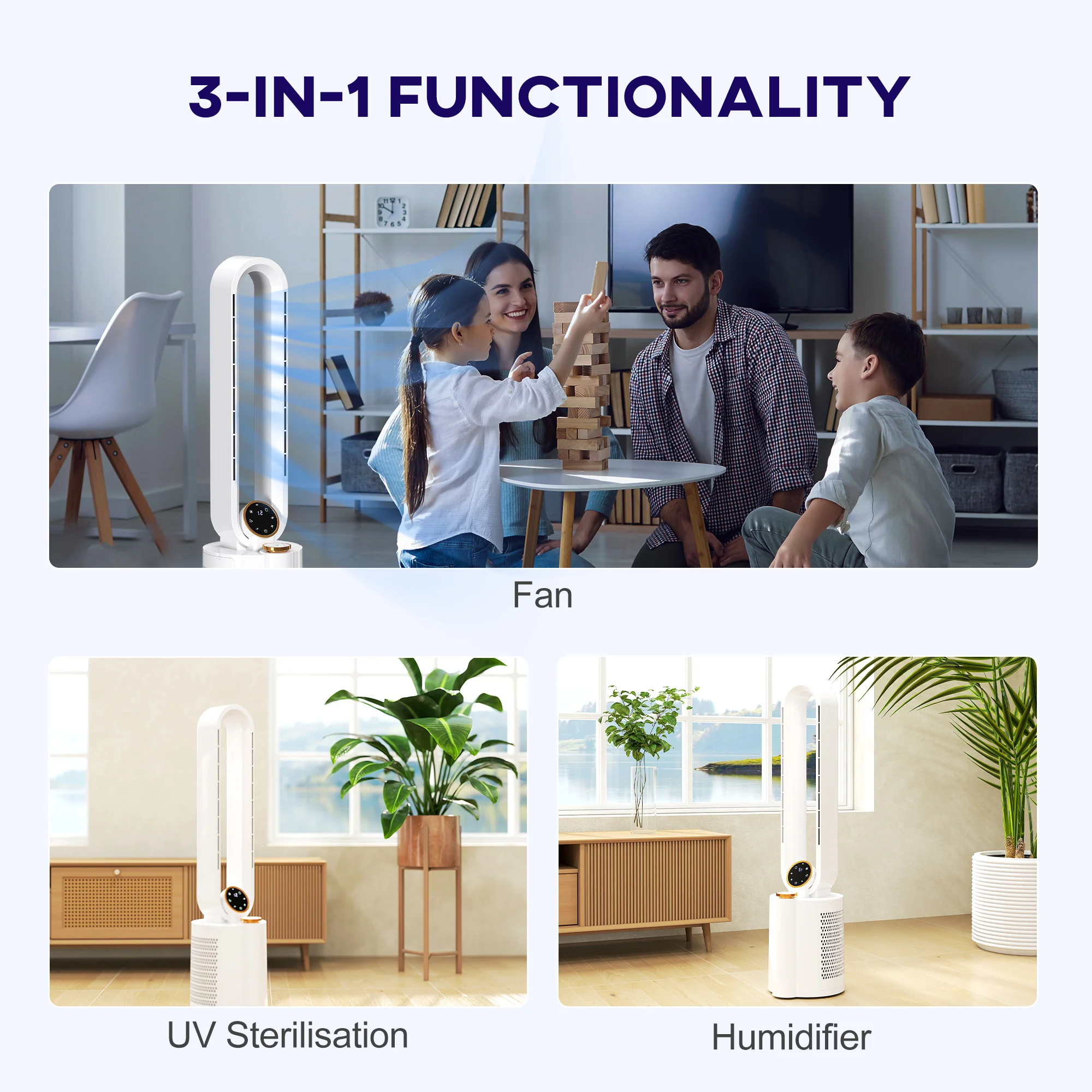 HOMCOM Bladeless Tower Fan with UV Sterilisation & Humidifier, Oscillation - Image 3