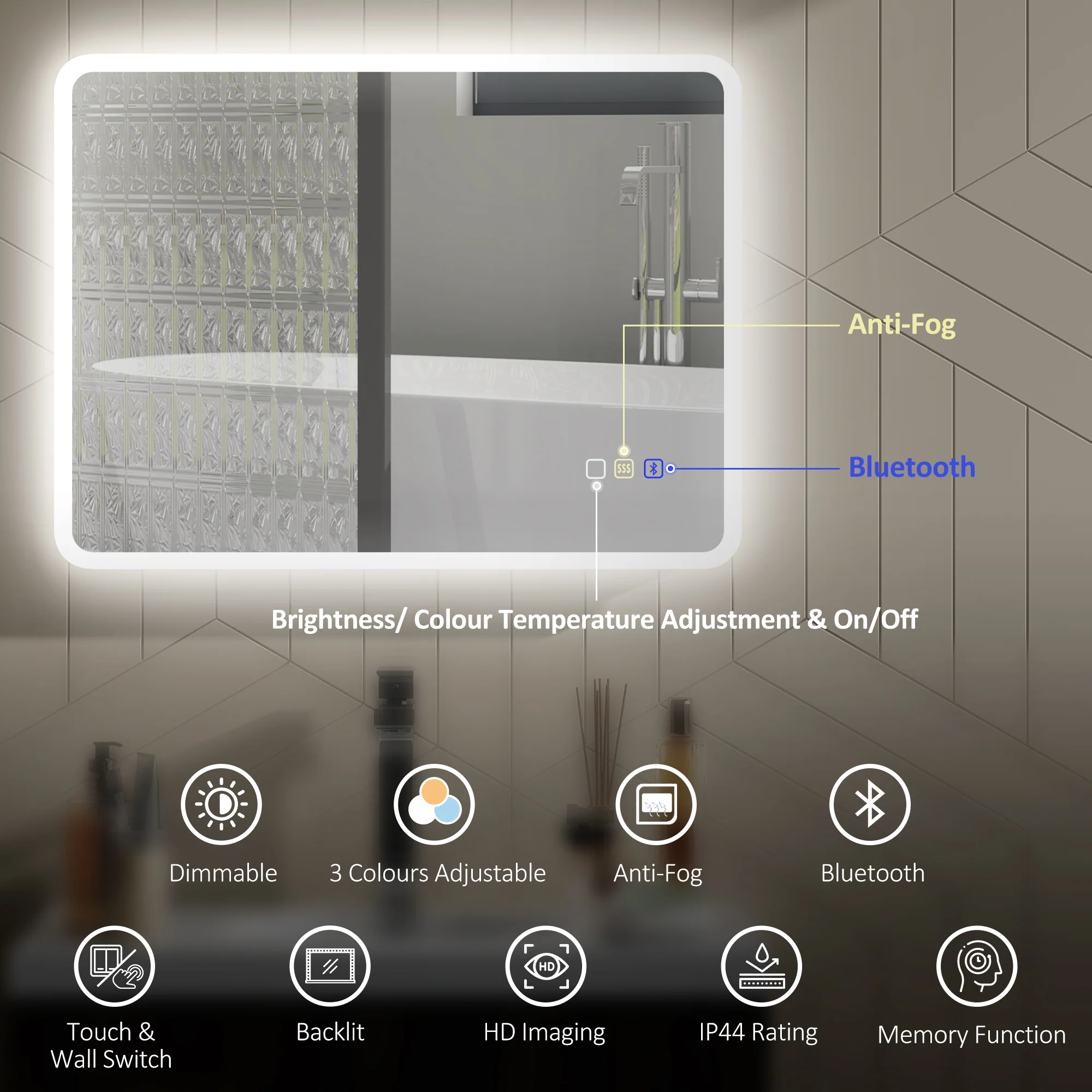 HOMCOM Bluetooth Bathroom Mirror With LED Lights Wall Mounted - Image 12