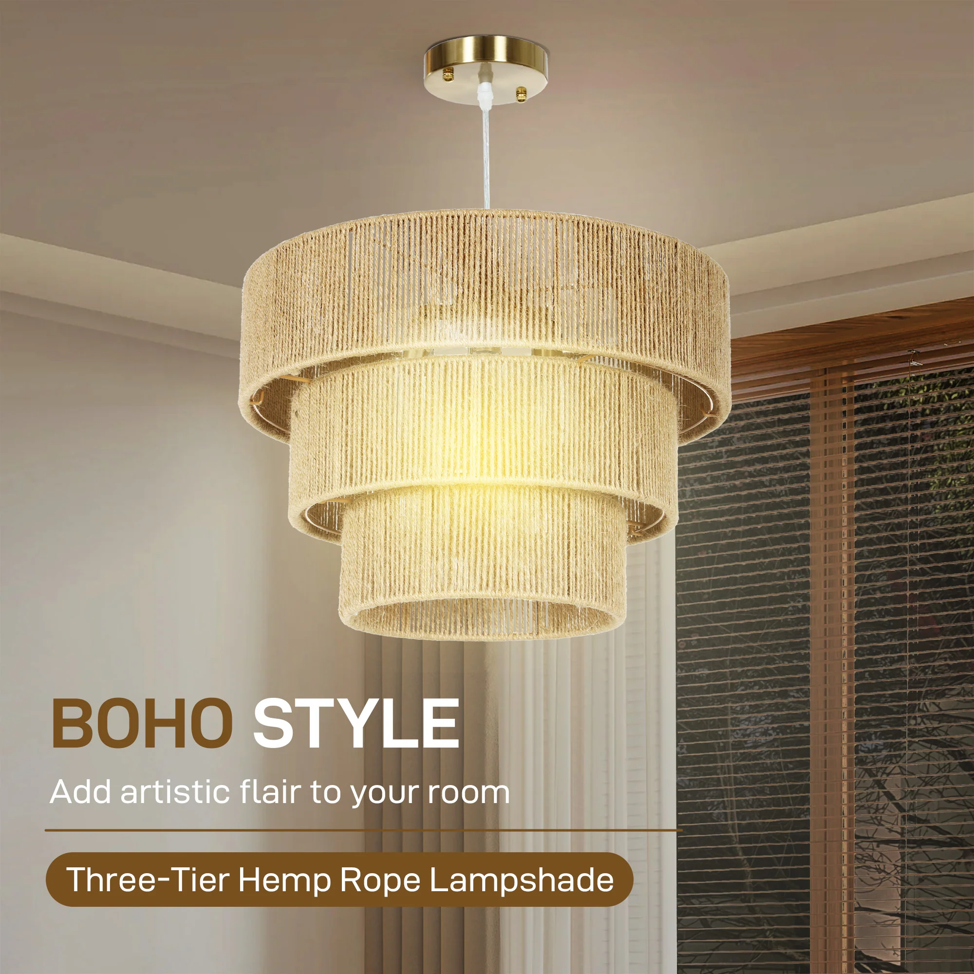 HOMCOM Boho Hemp Rope Pendant Light, Ceiling Light for Bedroom, Light Brown - Image 3