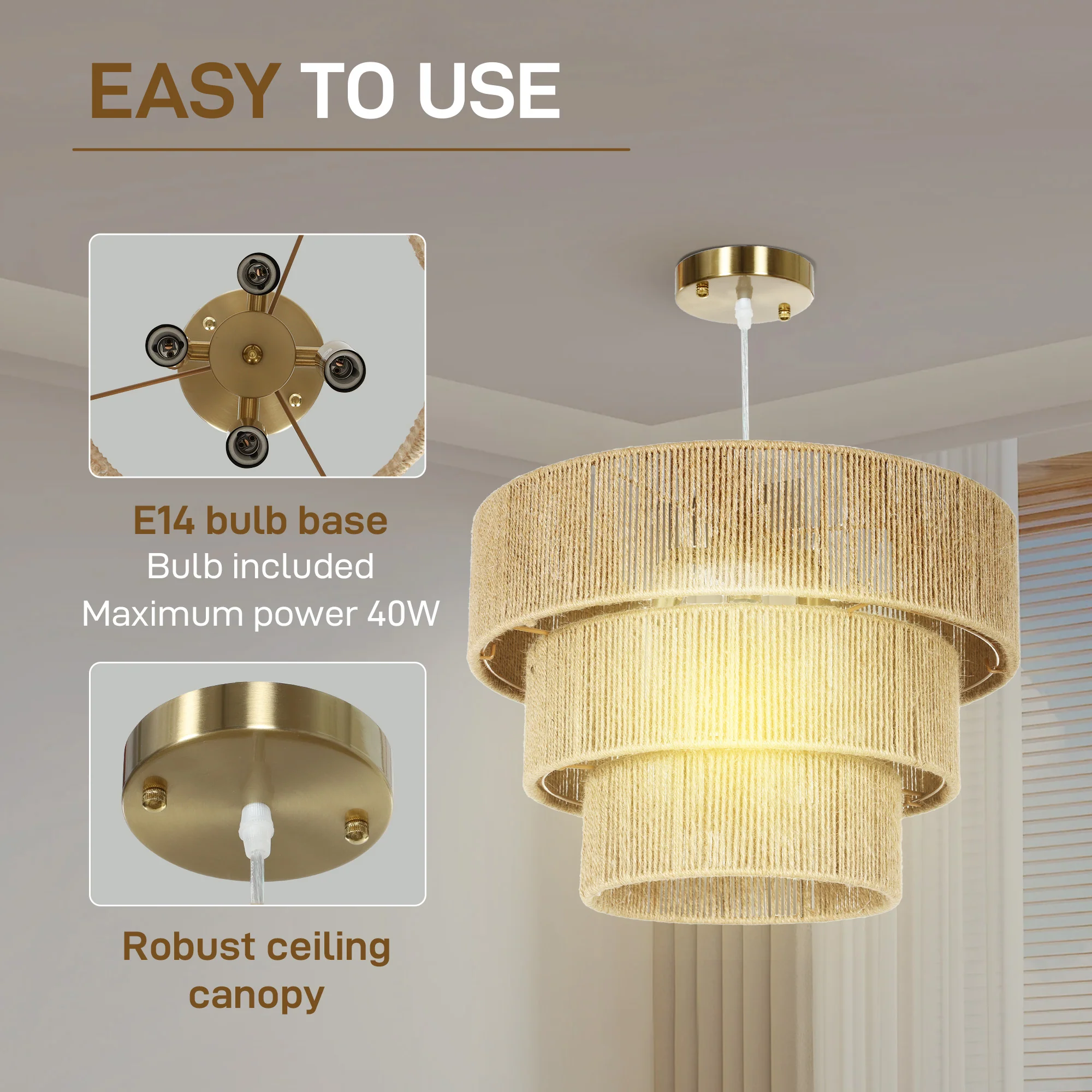 HOMCOM Boho Hemp Rope Pendant Light, Ceiling Light for Bedroom, Light Brown - Image 4