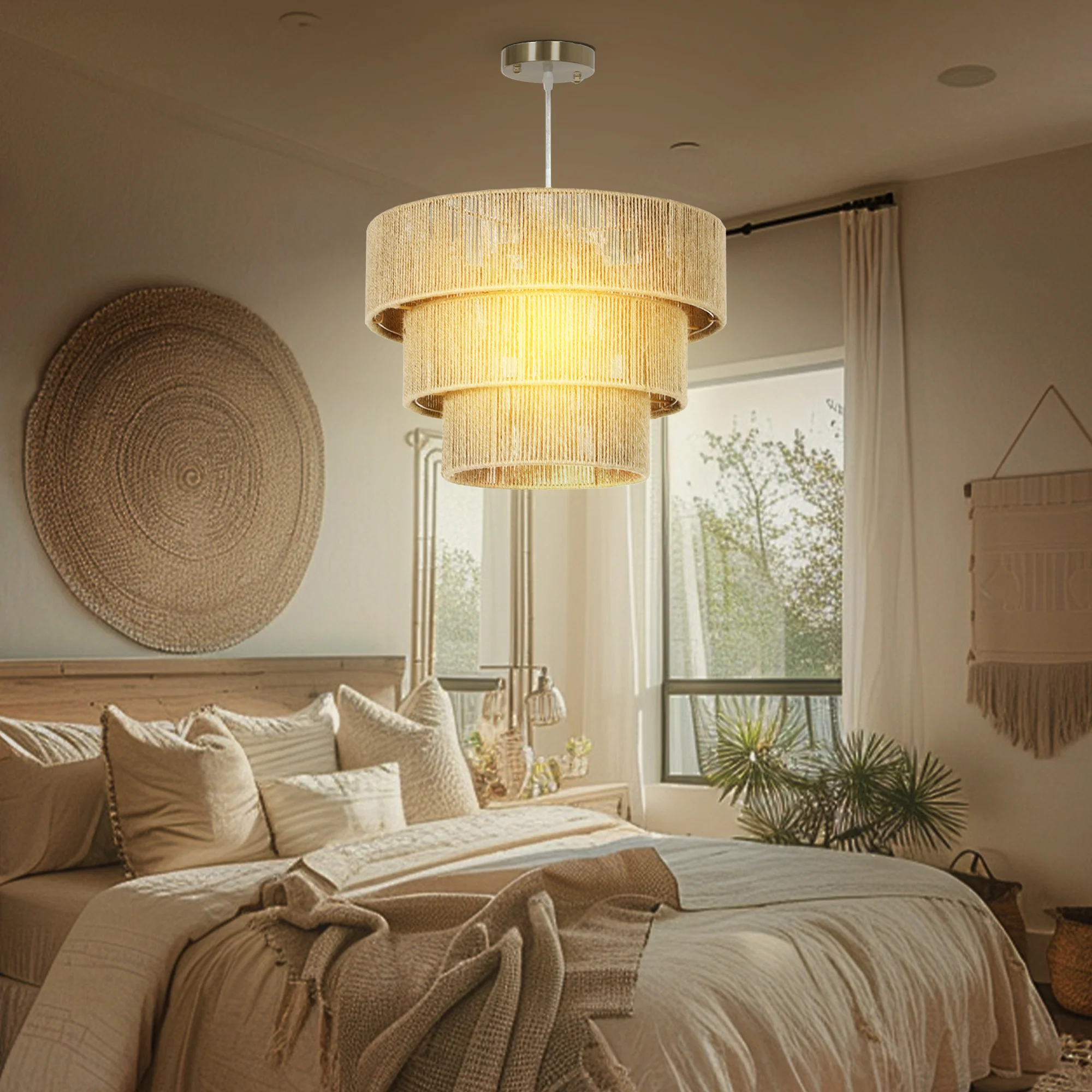 HOMCOM Boho Hemp Rope Pendant Light, Ceiling Light for Bedroom, Light Brown - Image 7