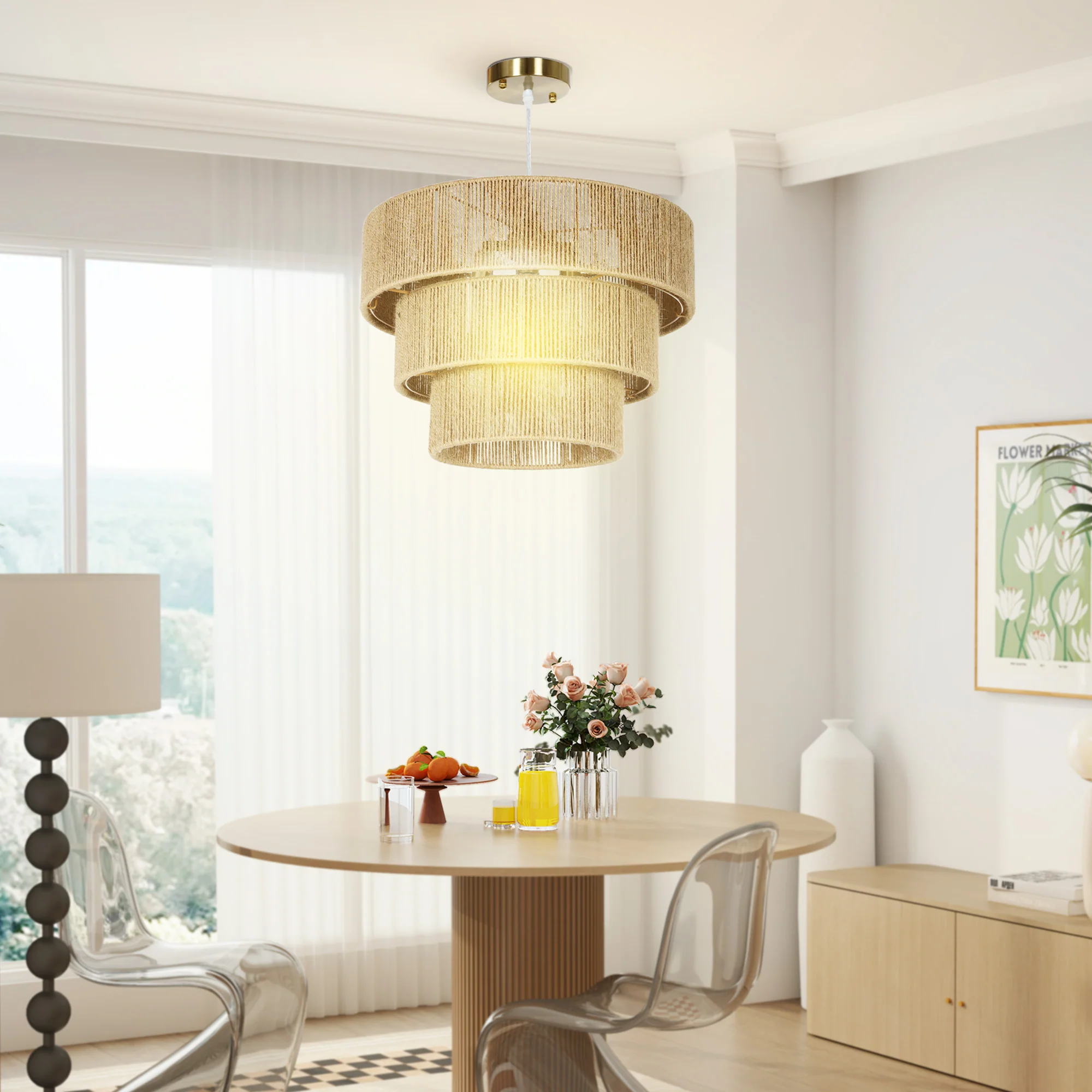 HOMCOM Boho Hemp Rope Pendant Light, Ceiling Light for Bedroom, Light Brown - Image 8