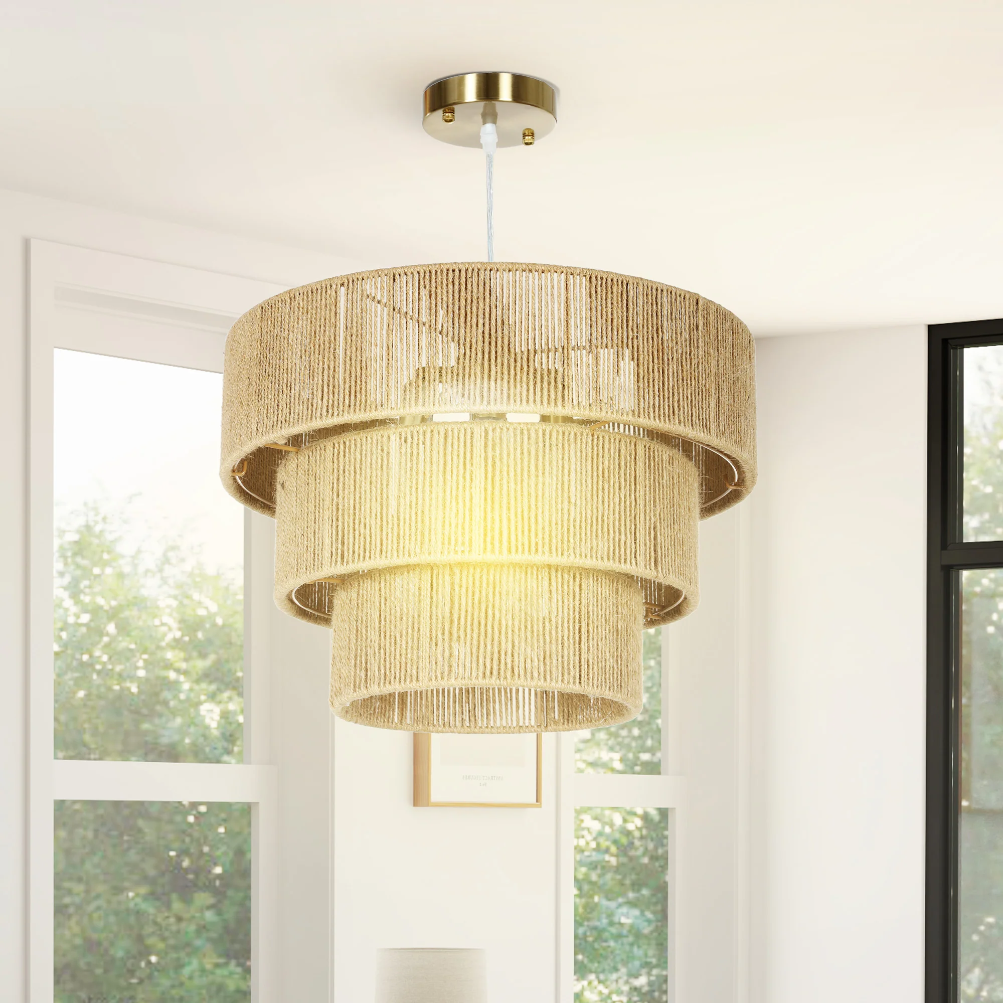 HOMCOM Boho Hemp Rope Pendant Light, Ceiling Light for Bedroom, Light Brown - Image 9
