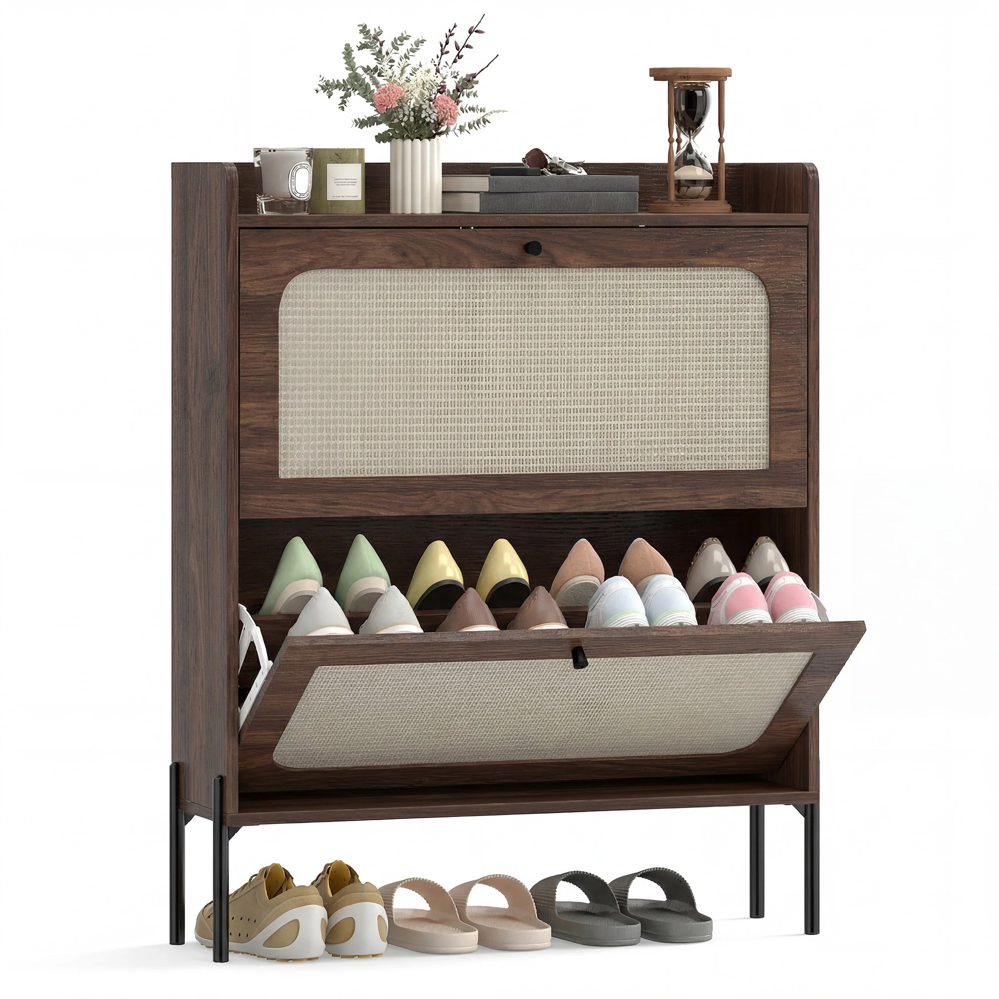 HOMCOM Boho Narrow Shoe Cabinet, Shoe Rack with 2 Flip Drawers, Dark Brown