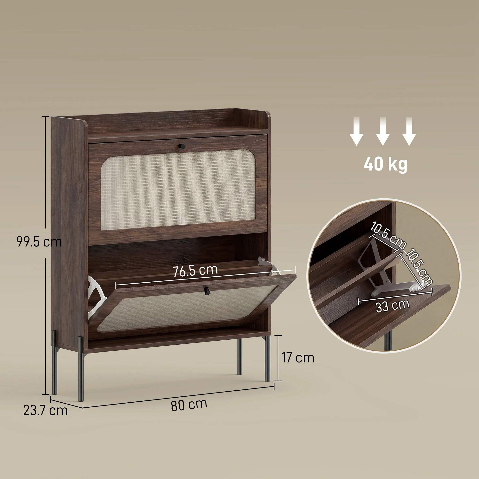HOMCOM Boho Narrow Shoe Cabinet, Shoe Rack with 2 Flip Drawers, Dark Brown - Image 5