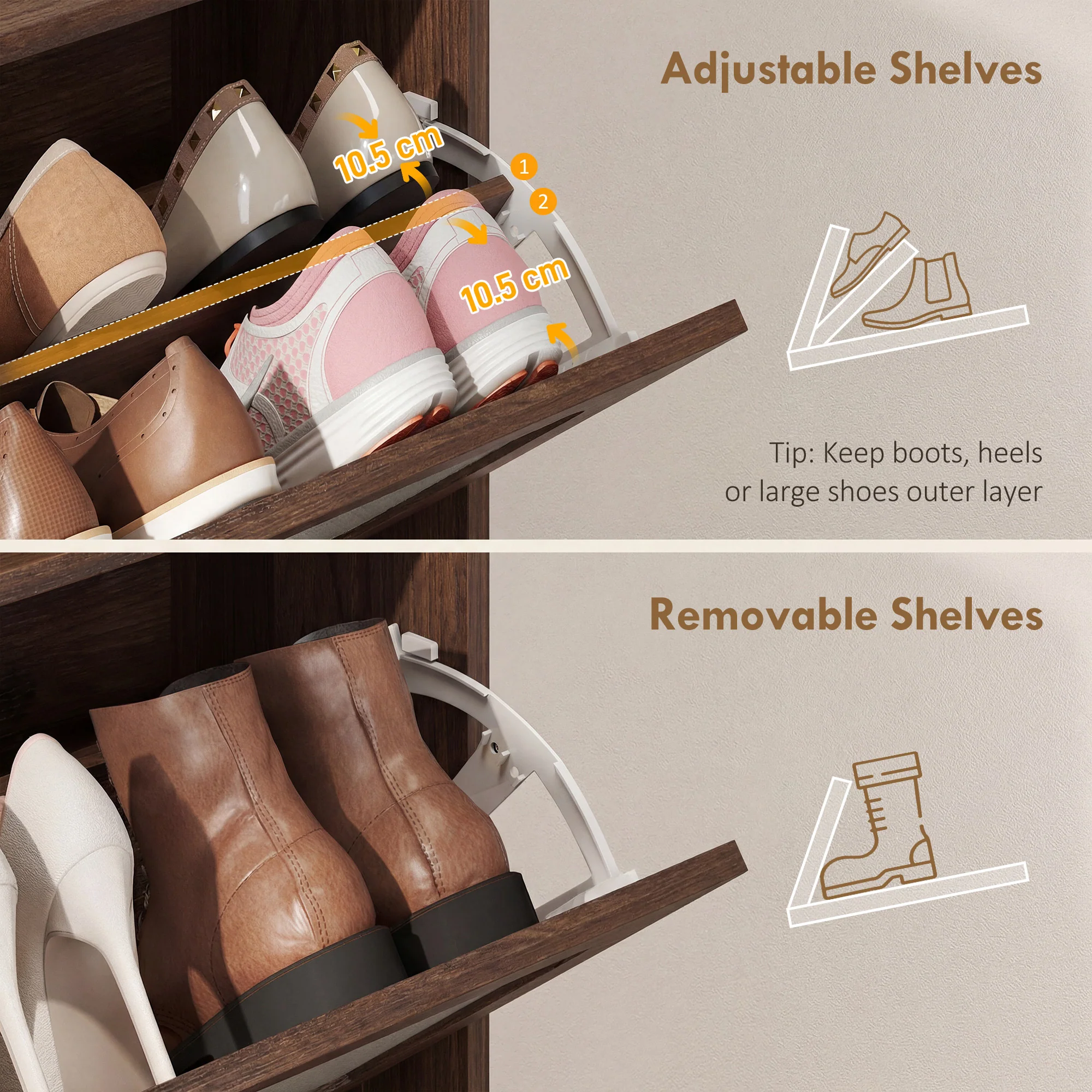 HOMCOM Boho Narrow Shoe Cabinet, Shoe Rack with 2 Flip Drawers, Dark Brown - Image 6