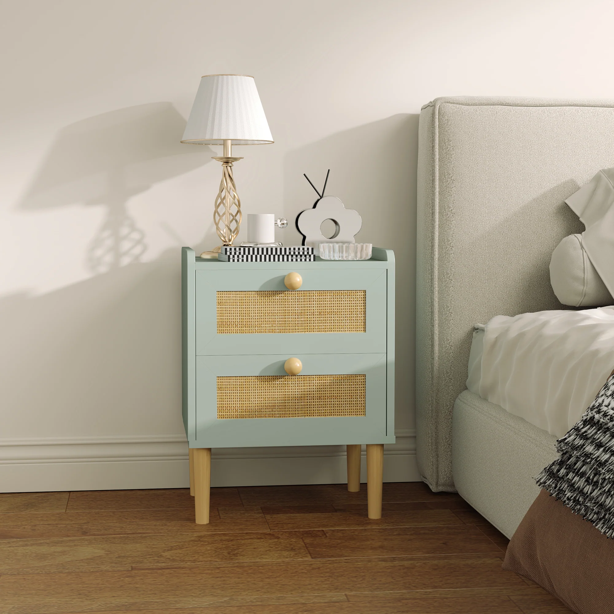HOMCOM Boho Rattan Bedroom Chest of Drawers, 2 Drawer Dresser, Light Blue - Image 9
